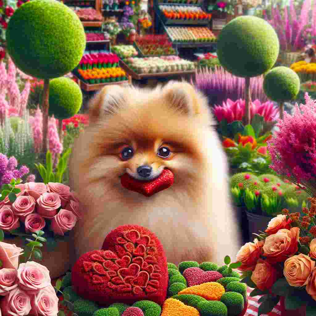 Create an adorable Valentine's Day themed illustration featuring a fluffy Pomeranian situated in the midst of a lush garden center teeming with brightly colored flowers and topiaries arranged in the shape of hearts. The affectionate canine clutches a ginger-colored, heart-shaped delicacy in its mouth, with its eyes twinkling with love and affection. In the foreground, an aesthetically pleasing assortment of heart-shaped edibles contribute to the festive surroundings.
Generated with these themes: Pomeranian, Dogs, Garden centre, Heart shaped food, and Ginger .
Made with ❤️ by AI.