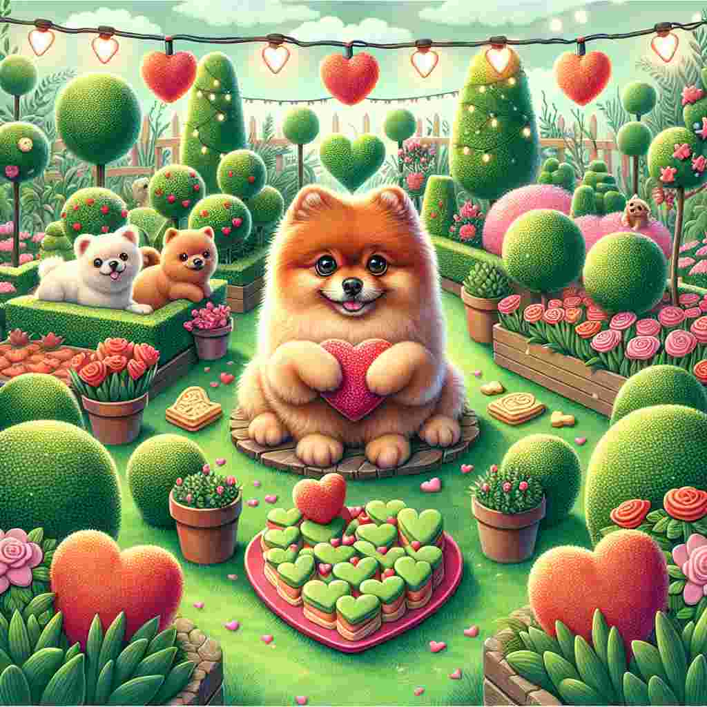 Create a whimsical illustration set in a garden center on Valentine's Day. The scene is centered around a group of playful Pomeranian dogs, to and fro among a creative array of heart-shaped plants and topiaries. One particular pup, adorably covered in ginger fur, sits proudly in the center of the scene, clutching a heart-shaped biscuit in its paws. The green landscape is tastefully scattered with heart-shaped foods. Above them, string lights shaped like hearts cast a warm glow on the lively scene.
Generated with these themes: Pomeranian, Dogs, Garden centre, Heart shaped food, and Ginger .
Made with ❤️ by AI.