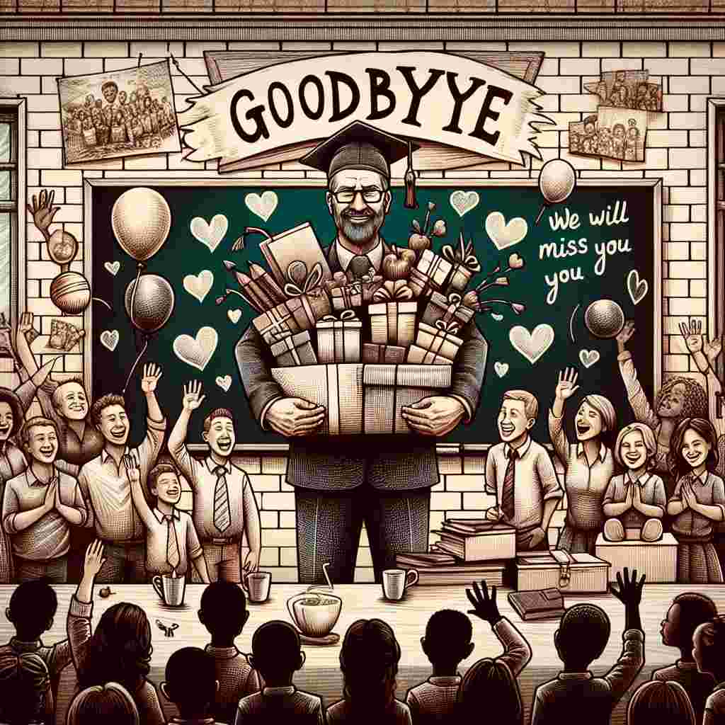 A touching image showing a classroom filled with energy and emotion. The central figure is a cherished teacher of unidentified gender, weighted down with goodbye gifts, encircled by students and co-workers of various descents and genders, all waving farewell. 'Goodbye' is sketched in fun handwriting on the blackboard, with 'We will miss you' written underneath. Hand-drawn hearts represent the strong feelings of affection and the sadness of parting. The word 'School' is carved into the edifice seen through the window, setting the scene in context.
Generated with these themes: Goodbye, School, Teacher leaving colleagues, Love , and Sad.
Made with ❤️ by AI.