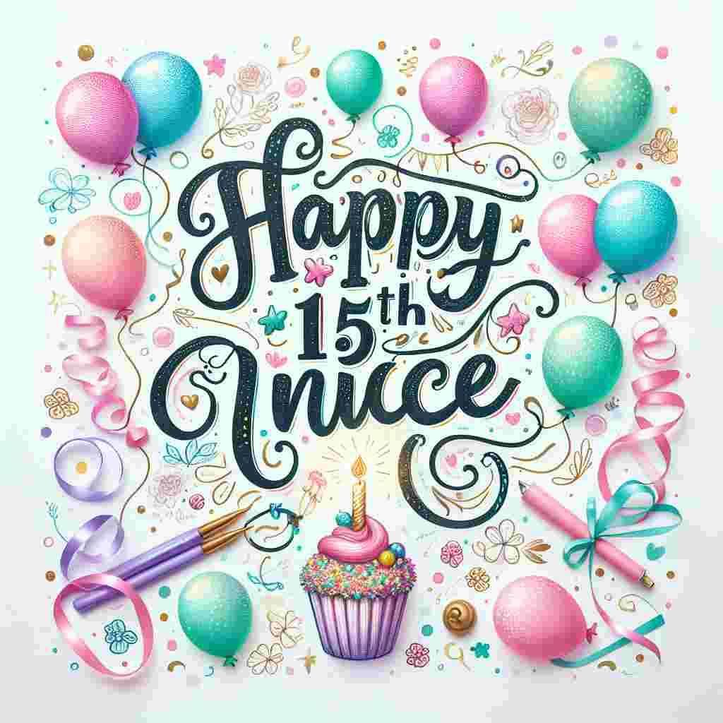 A delightful scene featuring pastel-colored balloons and confetti scattered around. Right at the center, a large 'Happy 15th Niece' message is written in playful cursive, decorated with tiny flower doodles. A cartoonish cupcake with a single lit candle sits below the text, alongside a bold 'Happy Birthday' written in a contrasting bright color.
Generated with these themes: happy 15th  niece.
Made with ❤️ by AI.