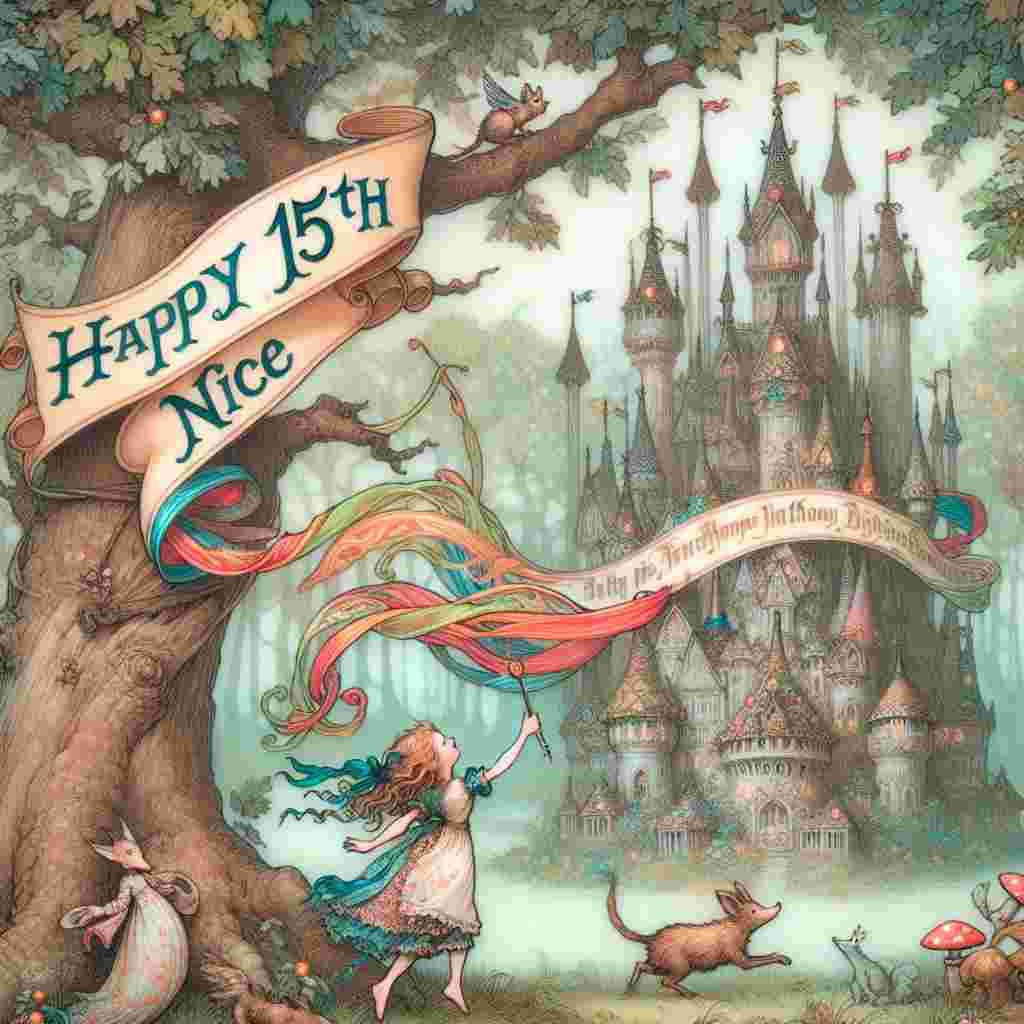 A cozy illustration depicting a fairy tale book setting with 'Happy 15th Niece' whimsically integrated into the tree foliage. Below, a storybook character holds a festive banner saying 'Happy Birthday' while surrounded by a menagerie of forest creatures and a cake shaped like a magical castle.
Generated with these themes: happy 15th  niece.
Made with ❤️ by AI.