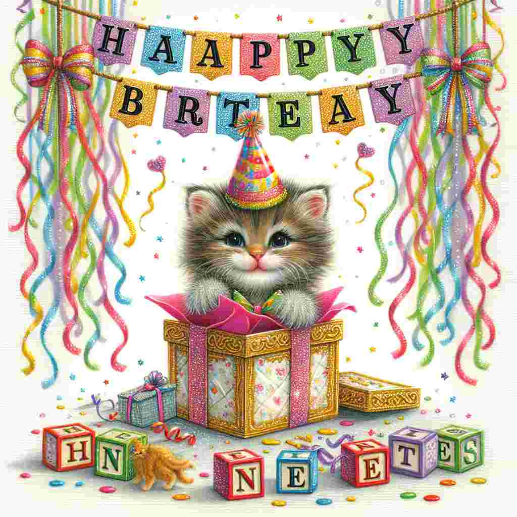 An adorable kitten wearing a party hat pops out of a gift box amidst a shower of colorful streamers. Above, a banner proclaims 'Happy 15th Niece' in sparkling letters. Below the frolicking kitten, 'Happy Birthday' is spelled out with alphabet blocks, adding a whimsical touch.
Generated with these themes: happy 15th  niece.
Made with ❤️ by AI.