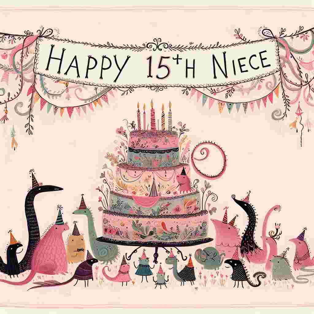 A charming illustration set against a soft pink background, showcasing a whimsical banner with the words 'Happy 15th Niece' hanging across the top. Beneath, a group of adorable animals wearing party hats gather around a creatively decorated cake, with 'Happy Birthday' icing-scribed atop in lively lettering.
Generated with these themes: happy 15th  niece.
Made with ❤️ by AI.
