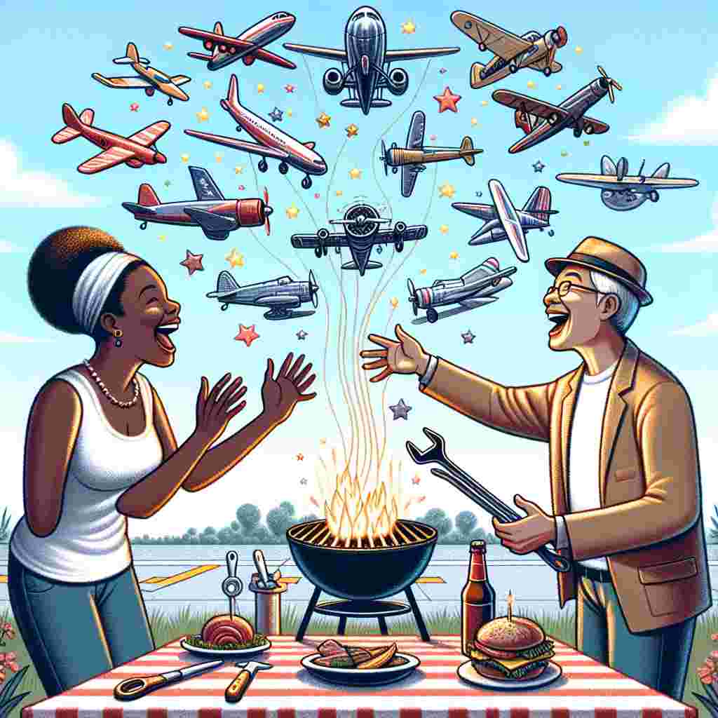 An enchanting illustration in celebration of an anniversary. It shows an ecstatic Black woman and a joyful Asian man, who are a couple, participating in a festive barbecue at an airstrip. There's an array of shining tools within their reach, representing the metaphor of constructing a life together over the years. Above them, there's a bright setup of various airplanes, from simple paper designs to complex propeller models, flying in the clear sky. These planes represent the shared experiences and adventures during their time together.
Generated with these themes: Barbecue, Tools, and Planes.
Made with ❤️ by AI.
