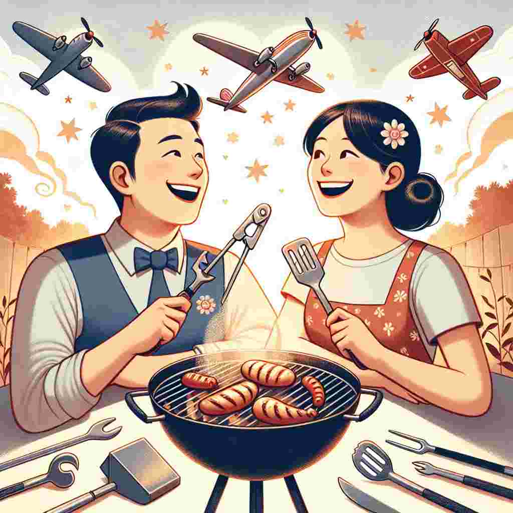 Create a warm and inviting illustration of a backyard anniversary celebration. The atmosphere is filled with the tempting scent of barbecuing food. An Asian man and a Hispanic woman, the celebrated couple, share a joyful laugh, surrounded by a gleaming set of barbecue tools, indicating their partnership in all aspects of life. Over them, the sky is speckled with playful planes, including miniature toy planes and small real aircraft, each one symbolizing the soaring achievements and shared dreams realized through their enduring union.
Generated with these themes: Barbecue, Tools, and Planes.
Made with ❤️ by AI.