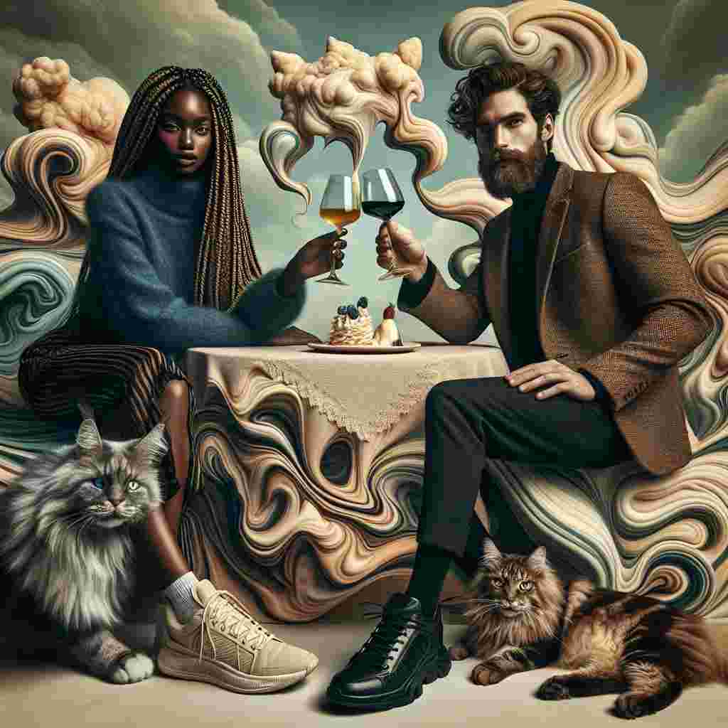 Create a fantastical and ethereal quality inspired Valentine's day tableau. The scene features a medium brown black woman with elegant braids and a fair-skinned man with dark, bearded features and deep blue eyes, toasting with glasses. They emanate a deep connection, in a surreal ambiance. A Maine Coon cat with lush fur lounges close by, nearly blending into the whimsical folds of the surreal background. The couple is dressed casually yet stylishly, with gleaming sneakers visible beneath the table. A spread of melting reality-inspired food is laid in front of them, blurring the lines between reality and fantasy, its hues and shapes subtly shifting and creating a visual feast as engaging as the offerings themselves.
Generated with these themes: Medium brown black woman with braids, Caucasian man with Dark hair and dark beard blue eyes, Maine coon hairy cat, Sneakers, air jordan, and Food.
Made with ❤️ by AI.