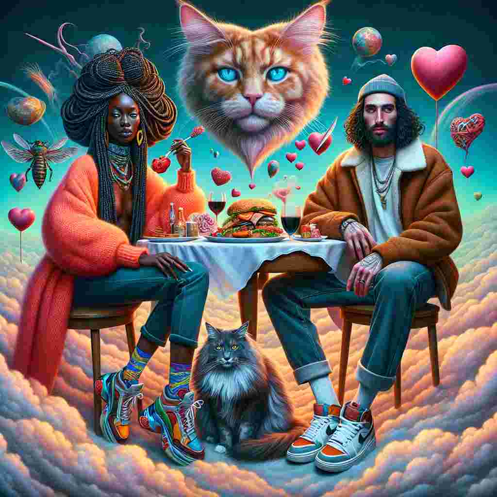 In a surreal Valentine's setting, a medium brown-skinned woman with a detailed network of braids and a white man with dark hair and a beard, both possessing stark blue eyes, are seated together. The ambiance combines vibrancy with the otherworldly, filled with gravity-defying elements such as floating hearts and a Maine Coon cat whose fur appears to merge into the nearby clouds. Their attire is casual streetwear, including trendy sneakers, adding a unique urban twist to their ethereal surroundings. In the center, a floating table carries an array of food items that seamlessly blend into one another in a style reminiscent of pre-1912 surrealistic artists, creating a visual feast that both attracts and perplexes the viewer.
Generated with these themes: Medium brown black woman with braids, Caucasian man with Dark hair and dark beard blue eyes, Maine coon hairy cat, Sneakers, air jordan, and Food.
Made with ❤️ by AI.