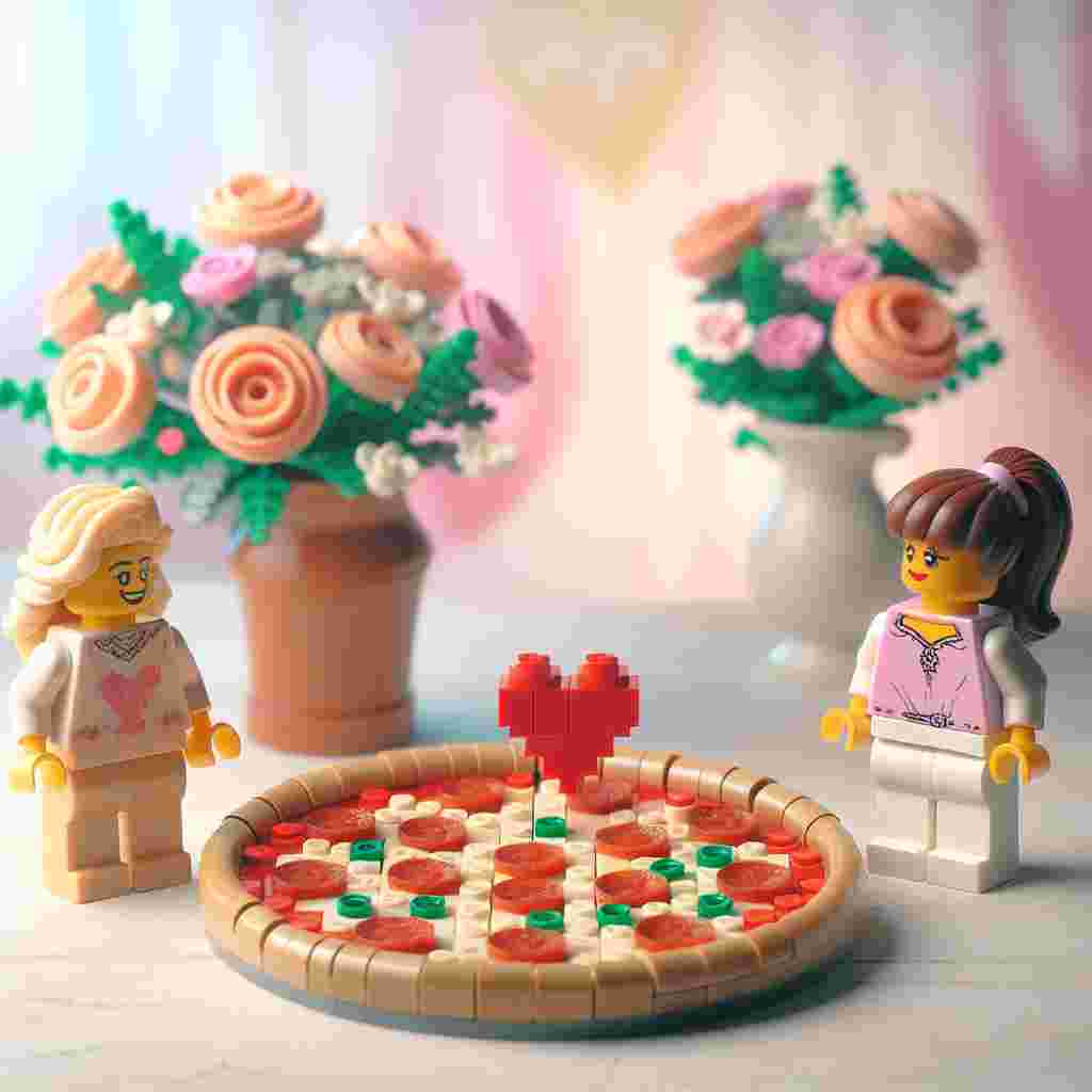 Create a Valentine's Day setting with a surreal yet realistic twist. At the center is a meticulously crafted pepperoni pizza made entirely out of carefully selected Lego bricks, blurring the line between toy and edible delicacy. Beside the pizza stand two Lego women: one Caucasian with a cheerful blonde hairstyle who exudes warmth and joy, the other a Hispanic brunette with a neat ponytail, carrying an air of elegance. A soft-focus background features pastel Lego flowers blooming, adding a romantic and whimsical ambiance to the tableau.
Generated with these themes: Pepperoni pizza made from lego, One blonde lego female smiling, One brunette lego female with ponytail, and Pastel lego flowers in the background.
Made with ❤️ by AI.