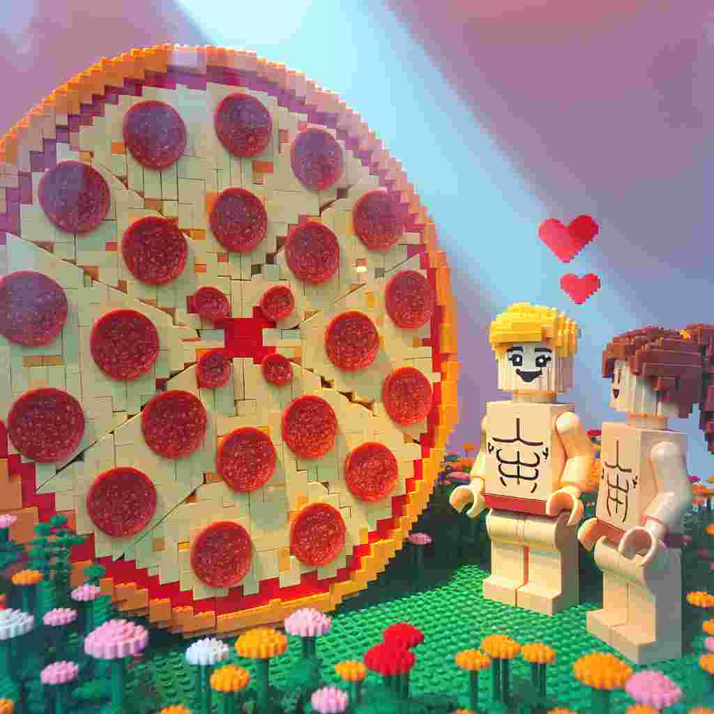 Construct an enchanting display for a romantic occasion using the delight of interlocking plastic building blocks. Dominating the scene is a giant pie of pepperoni pizza, each slice meticulously crafted from the blocks, inviting the viewer to explore its detailed form. Off to the side, two plastic block human figures, one with golden hair and the other with brown hair styled into a fashionable ponytail, express their joy and serene satisfaction respectively. Lending a dreamy ambiance to the scene, the background is filled with a meadow of flowers in soft shades, built from the same blocks, enhancing the depiction of the figures upfront.
Generated with these themes: Pepperoni pizza made from lego, One blonde lego female smiling, One brunette lego female with ponytail, and Pastel lego flowers in the background.
Made with ❤️ by AI.