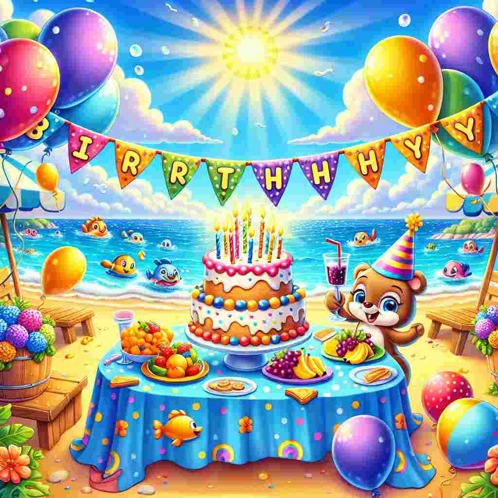 A delightful and charming cartoon scene of a beach birthday celebration under the radiant sunshine. The sky displays a vibrant blue, ornamented with playful and fluffy clouds, while balloons float lightly in the sea air. Overhead are colorful birthday banners crisscrossing, introducing vivid hues to the sandy beach. The focal point is a festive table covered with a vivid tablecloth, carrying an assortment of fruits, snacks, and a huge birthday cake adorned with candles. The centerpiece is a cartoon critter holding a cup of grape juice, raising a toast to the individual celebrating the birthday. In the backdrop, cartoon marine animals wearing festive hats frolic among the waves, creating a surrounding of glee and cheer.
Generated with these themes: Beach, and Wine.
Made with ❤️ by AI.