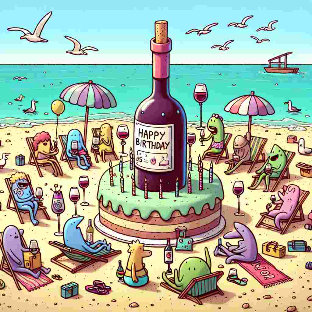 Draw a cozy cartoon birthday party set on a serene beach. The sand is warm and inviting underfoot, with happy birthday messages etched into it. The turquoise sea seamlessly meets the horizon, while gulls fly above. In the center of the scene is an unusual cake shaped like a wine bottle, reflecting both the beach theme and a fondness for wine. Cartoon figures of all shapes - both human and animal - are socializing with oversized glasses of wine in their hands. Their merriment is increased by colorful beach umbrellas and towels dotted about the scene.
Generated with these themes: Beach, and Wine.
Made with ❤️ by AI.