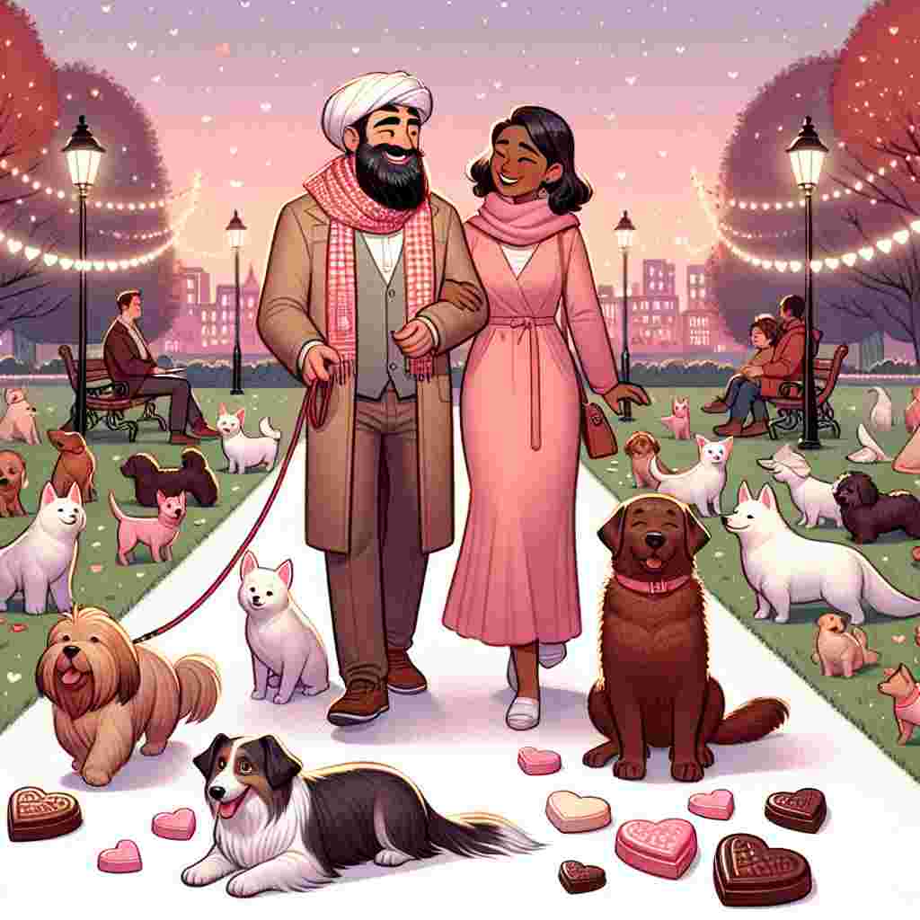 Illustrate a charming Valentine's Day depiction. At the heart of the scene, an affectionate Middle-Eastern man and a Hispanic woman are seen ambling along a scenic park path with a diverse assortment of delightful dogs. Their mutual adoration for each other is unmistakable, paralleling their shared love for the dogs. Strategically scattered around the setting are heart-shaped chocolates, lending a sugary nuance to the romantic environment. Overhead, shimmering fairy lights and a gentle blush sky generate a welcoming and cozy ambiance.
Generated with these themes: Walking dogs chocolate .
Made with ❤️ by AI.