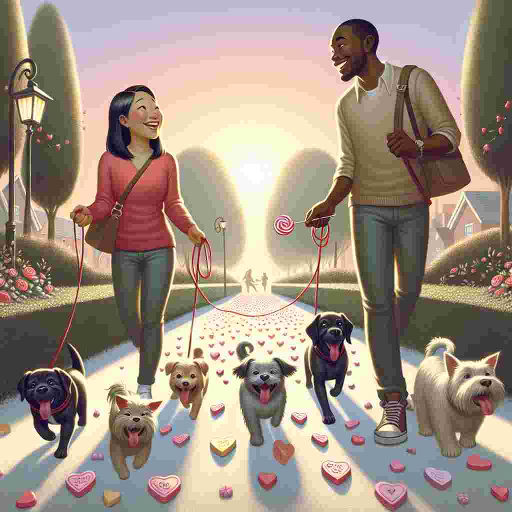 Create a romantic Valentine's Day themed illustration with a fanciful environment. This scenery involves two overjoyed individuals, one Asian woman and one Black man, each leading their delightful dogs on walks and jovially interacting. The dogs vary from small terriers to grand gentle canines, all controlled by leashes that employ the appearance of candy twists. Spread out throughout the setting, heart-shaped candies signify the holiday, garnishing the walkway and sporadically piquing the curiosity of the dogs with their playful scent. The atmosphere is saturated with the tranquil radiance of an early evening, showcasing the sweetness of a day dedicated to expressing affection.
Generated with these themes: Walking dogs chocolate .
Made with ❤️ by AI.