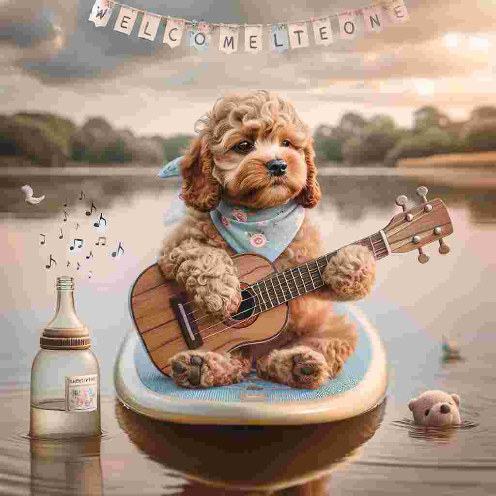 In a whimsical setting, concentrate on capturing a cockerpoo dog with a comical expression of focus, paddling on a serene lake on a small paddleboard. The dog, quaint in a mini bandana, ardently strums a miniature guitar, the melody being presented by a soft scattering of music notes. Close to the dog, a baby bottle cleverly camouflaged as a wine bottle bobs gently on the water surface, symbolizing the arrival of a newborn. The sky overhead is filled with soft, pastel-tinted clouds, while a banner, swaying gently with the wind and reading 'Welcome Little One', hangs from the edge of the paddleboard.
Generated with these themes: Cockerpoo, Paddleboarding , Guitar, and Wine .
Made with ❤️ by AI.