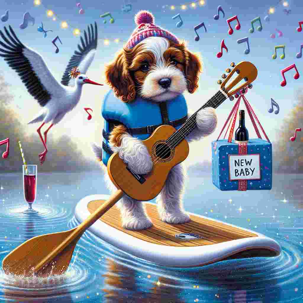 An uplifting illustration of a brown-and-white cockerpoo, outfitted in a miniature life jacket, unsteadily standing on a paddleboard in a glittering blue pond. The dog, fully engaged in making music, has a guitar in its paws and enjoys playing some chords. The atmosphere is filled with vibrant, floating musical notes, creating a whimsical scene. In the backdrop, a stork cheerfully sporting a festive party hat is making a special delivery of a package tagged 'New Baby' wrapped with a ribbon. Next to the paddleboard, a bottle of red wine along with a glass are softly bobbing on a compact, waterproof wooden tray, symbolizing a celebration for the baby's arrival.
Generated with these themes: Cockerpoo, Paddleboarding , Guitar, and Wine .
Made with ❤️ by AI.
