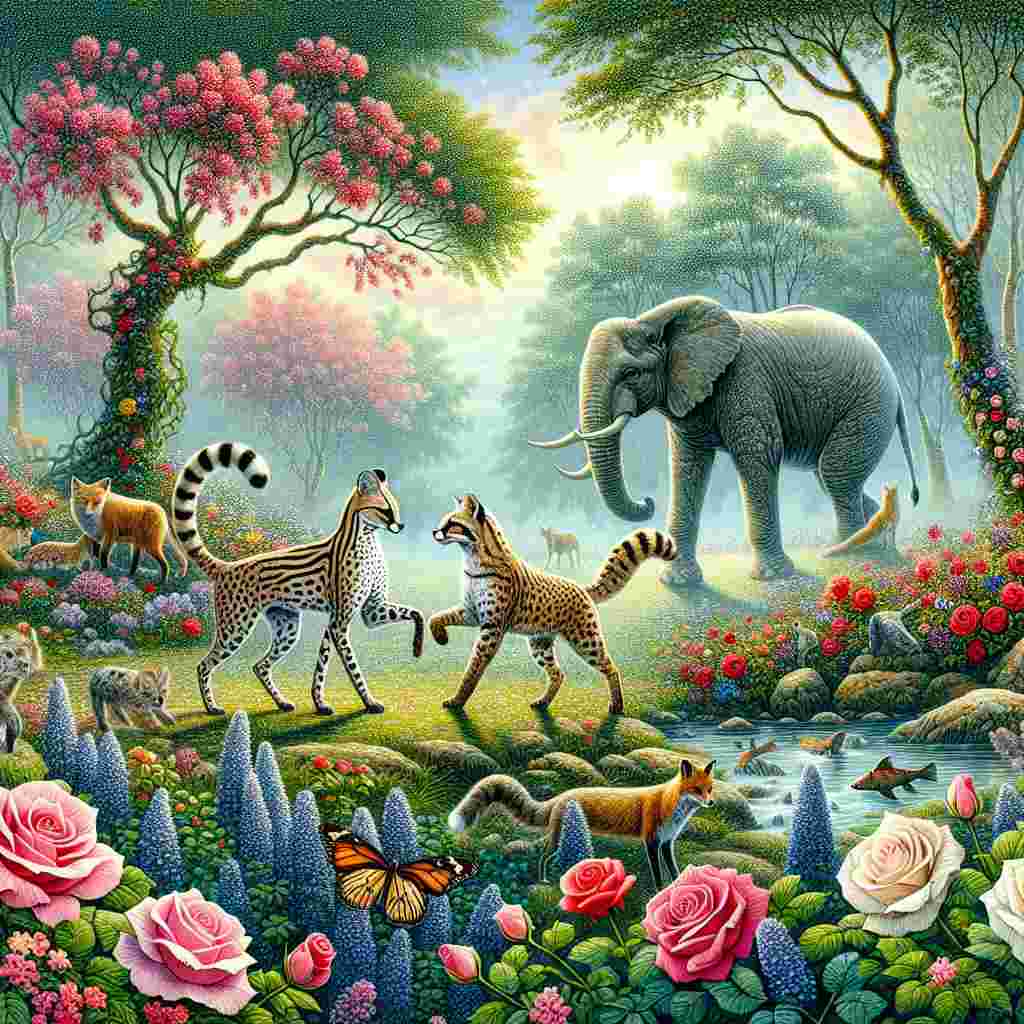 Visualize a calm garden scene on Valentine's Day brimming with life and sweet emotion. Picture a pair of servals, dancing gracefully amidst the vegetation, their spotted pelts merging with the colours of blossoming roses. Amidst trees that sway gently in the breeze, a fox and a leopard walk together, their intriguing friendship echoing the theme of love associated with the day. In the vicinity, an elephant, embodying strength and loyalty, stands as a welcoming colossus. Add in the soothing sounds of a bubbling brook nearby, populated by fish serenely swimming, to complete this tranquil portrayal of love and peace in the nature.
Generated with these themes: Serval, Peaceful garden , Fox, Leopard, Elephant, and Fish.
Made with ❤️ by AI.