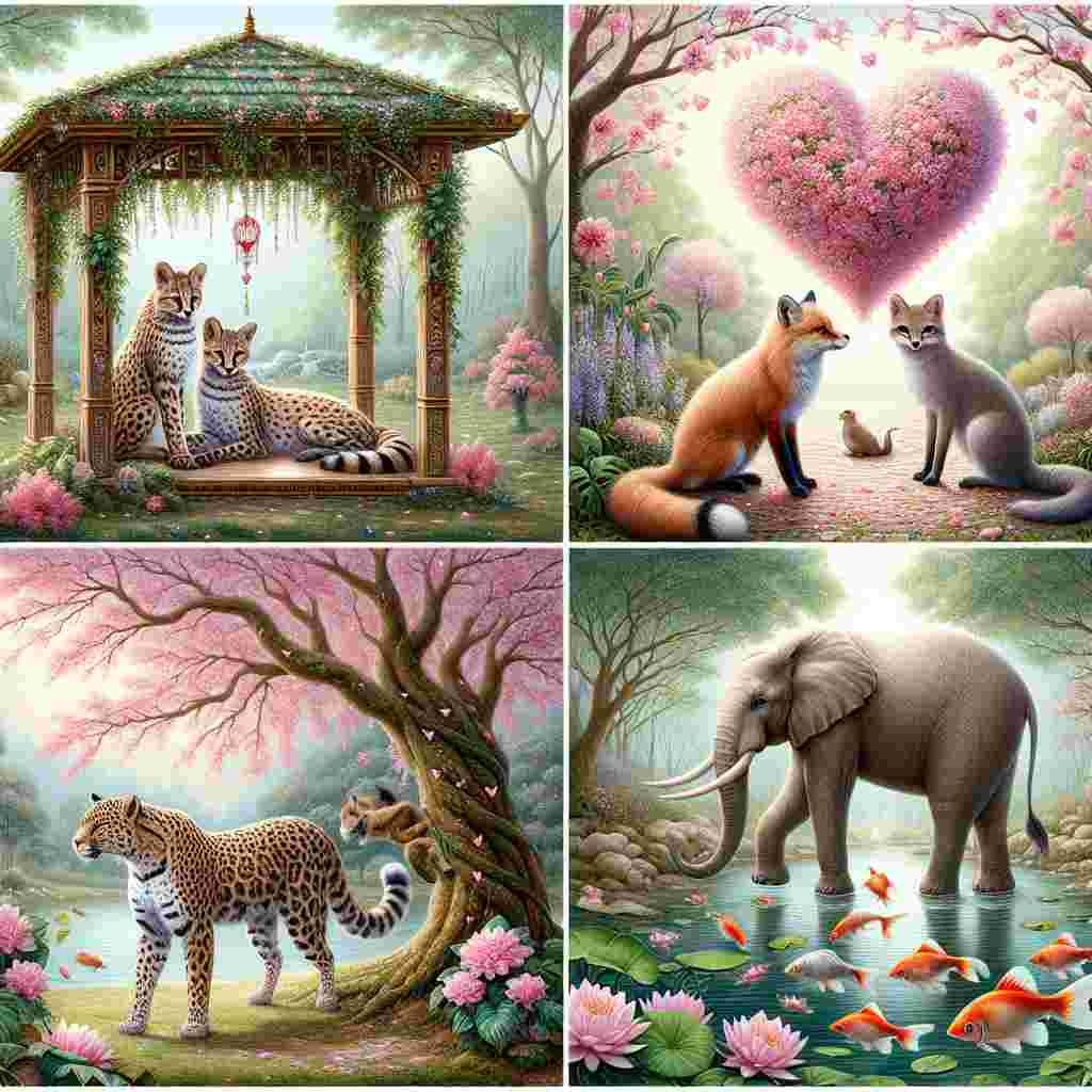 Capture a tranquil garden scene as a setting for an enchanting Valentine's Day tableau that's filled with intricate detail. Display a pair of servals resting beneath a shelter adorned with heart-shaped vines; their affinities evident through their intimate positioning. In another quadrant, beneath a flourishing cherry blossom tree, portray a fox engaging playfully with a shimmering leopard, their disparities overlooked on this special day. Render a majestic, tranquil elephant grazing close by, embodying the eternal essence of love. Finally, visualize fish darting around in a pond decorated with lily pads, contributing an element of whimsy to this peaceful and affectionate wildlife scene.
Generated with these themes: Serval, Peaceful garden , Fox, Leopard, Elephant, and Fish.
Made with ❤️ by AI.