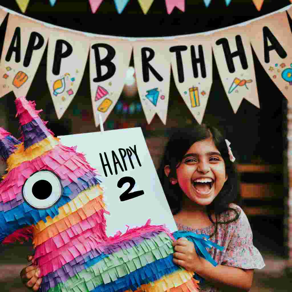 An endearing drawing depicts a young child beaming with excitement, holding a number '2' shaped pinata. A banner strewn across the top corner of the image exclaims 'Happy Birthday' in lively, handwritten script.
Generated with these themes: son 2nd  .
Made with ❤️ by AI.