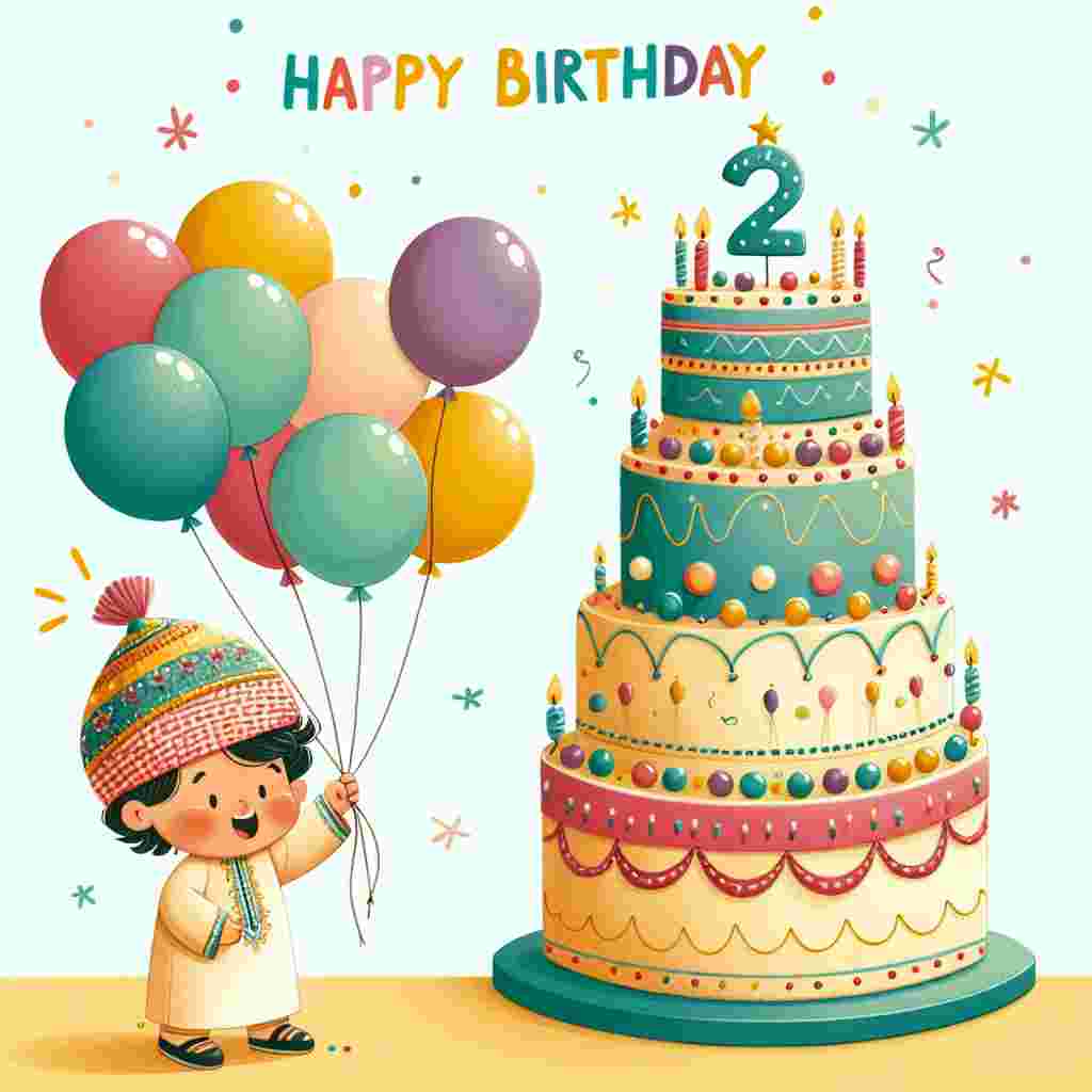 A charming illustration showcasing a jolly little boy with a bright balloon cluster, joyfully turning two next to a towering, playful cake. The words 'Happy Birthday' are cheerfully emblazoned above.
Generated with these themes: son 2nd  .
Made with ❤️ by AI.