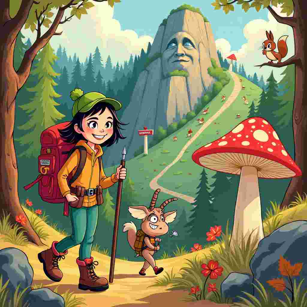 Sure, here's the scene in detail:

The front cover of the birthday greetings card is set in a whimsical, forested hiking trail bathed in the warm colors of autumn. In the forefront, we see Tania, a spunky and adventurous young woman with a bright, infectious smile. She's clad in a colorful hiker's outfit complete with a green, feathered cap (a nod to classic Disney adventurers), a vivid red backpack brimming with camping gear, and sturdy hiking boots with untied, rainbow-colored laces that flail as she moves.

Tania is mid-stride on the trail, animatedly swinging a hiking pole in one hand and holding a map (with cartoonishly exaggerated features and question marks) in the other. Beside her trots a quirky cartoon animal companion—a cheerful, anthropomorphic mountain goat with a cheeky grin, reminiscent of Gary Larson's humorous characters. The goat sports a tiny backpack of its own and a pair of oversized, round glasses.

The trail is lined with giant, exaggeratedly whimsical mushrooms with polka-dot caps, and towering trees whose leaves form fantastical shapes like stars and hearts, giving a nod to the dreamy landscapes of Winsor McCay. Small woodland creatures, such as chipmunks and squirrels, peek out from behind rocks and trees, engaged in comical activities—one squirrel holds a tiny camera, "snapping" a picture of Tania, a clear homage to Bill Watterson's playful scenes in Calvin and Hobbes.

In the background, a dramatic cliff face looms with jagged edges, but instead of being foreboding, it has a large, friendly face carved into it, reminiscent of Hergé's playful art in Tintin. A winding path leads up the cliff, where a signpost points towards "Birthday Peak," its arrow humorously sagging as if it’s been pointing that way for a century. Birds with speech bubbles flutter around the signpost, squabbling over its directions in classic R. Crumb style.

Above it all, the sky is dotted with puffy clouds shaped like birthday cakes and balloons, subtly incorporating the birthday theme into the natural setting. In the top right corner, large, playful letters spell out "Happy Birthday, Tania!" The text is embedded in a cloud formation, giving it an organic, yet prominent appearance.

This cartoon scene captures the adventurous spirit of hiking, sprinkled with humorous and fantastical elements that make it both a celebration and a delightful narrative journey.
Generated with these themes: Tania + Happy Hiking.
Made with ❤️ by AI.