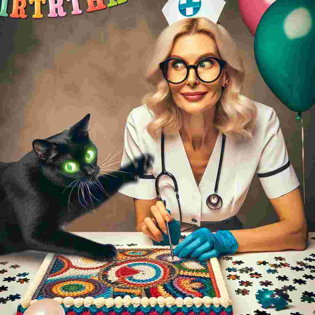 Create a comedic birthday scene. A Caucasian adult female with blonde hair is sporting glasses, wearing a nurse's uniform and has a stethoscope around her neck. She is trying to solve a jigsaw puzzle. A playful black cat with glowing green eyes has sprawled out over her puzzle and is swatting at a dangling crochet hook in her hand. Enhance the festive atmosphere with a scattering of colorful balloons and a cake beautifully decorated with crochet patterns.
Generated with these themes: Blonde adult female wearing glasses , Jet black cat with green eyes , Crochet, Jigsaw, and Nursing job.
Made with ❤️ by AI.