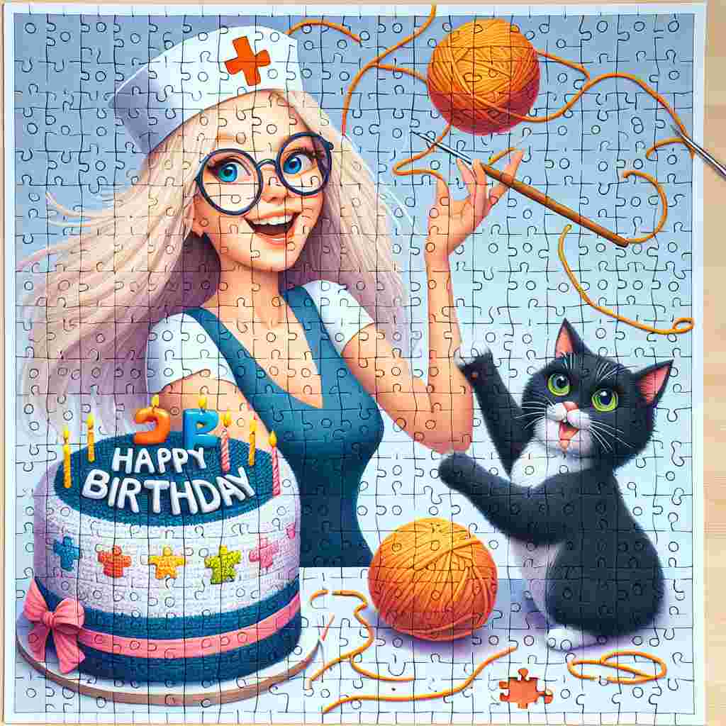 Create a delightful birthday-themed artwork depicting a buoyant, blonde, Caucasian adult female with spectacles. She is enthusiastically juggling a ball of yarn and a crochet hook. A playful black cat with captivating green eyes tries to bat the swinging yarn. The background comprises of an incomplete jigsaw puzzle resting on a table adjacent to a creative birthday cake designed like a nurse's cap. This is a reflection of her passion for her nursing profession.
Generated with these themes: Blonde adult female wearing glasses , Jet black cat with green eyes , Crochet, Jigsaw, and Nursing job.
Made with ❤️ by AI.
