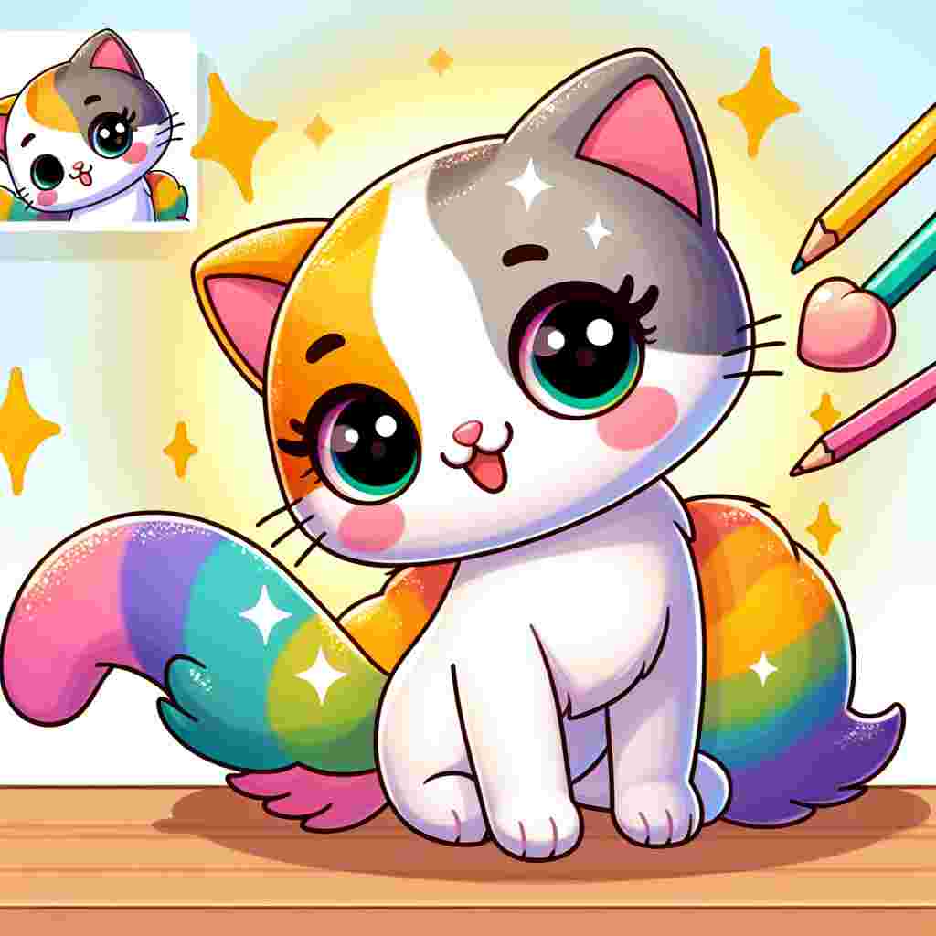 Create a delightful cartoon scene featuring a lovable unspecified character playfully interacting with a tricolor kitten. The kitten, exhibiting a normal build for a domestic cat, sparkles under the bright cartoon sun. Kindly render the kitten without clear eyes, maintaining an air of intrigue and whimsy in its overall appearance.
.
Made with ❤️ by AI.