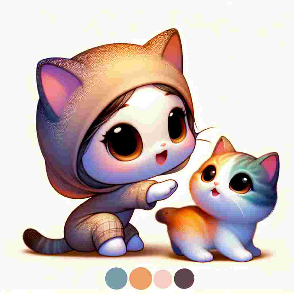 Generate an image of a whimsical and adorable cartoon character interacting playfully with a kitten. The kitten should have a tricolor coat rendered in soft hues, suggesting a warm, plush texture. The details of the kitten's eyes should be left vague, adding a touch of mystery to this typical representation of a domestic cat with a regular body structure.
.
Made with ❤️ by AI.