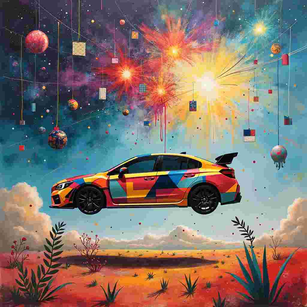 Imagine a dazzling, dreamlike cosmos where the rules of reality bend and twist into a grand birthday celebration. At the center, a futuristic, abstract version of a Subaru 34 Subaru floats, crafted with sleek, interlocking geometric shapes that channel the precision of Piet Mondrian. This car is not of this world, with its body composed of vivid, primary-colored squares and rectangles interspersed with swirling lines reminiscent of Wassily Kandinsky's whimsical curves.

Suspended above, an explosion of Pollock-esque paint splatters forms a nebula, its chaotic energy radiating vibrant bursts of purples, blues, and golds. A pathway of de Kooning-inspired swirling, jagged lines of crimson and cerulean winds around the Subaru, creating a sense of movement and dynamism.

On either side of this surreal automotive centerpiece, Mark Rothko’s soft-edged, floating rectangles in deep, saturated hues hover like abstract birthday presents in a gravity-defying ballet. These rectangles exude a sense of quiet celebration as they gracefully orbit the scene.

Below the floating Subaru, an intricate landscape unfolds. Joan Miró-like shapes, with their playful and whimsical forms, sprout from the ground, resembling alien flora. Spirals, dots, and biomorphic forms, painted in bright reds, greens, and yellows, stretch upward as if in an eternal cheer.

In the background, a horizon of Kazimir Malevich-inspired minimalist structures rises—simple, monochrome blocks and shapes that offer a stark contrast to the vibrant chaos in the foreground. Agnes Martin’s delicate, grid-like patterns subtly overlay the sky, giving it a gentle texture and an ethereal quality.

Floating in the sky are scattered Cy Twombly-esque scrawls and doodles, like birthday wishes written by the cosmos itself, interspersed with Gerhard Richter-inspired blurs that blend the elements together in a dreamy, seamless manner.

The entire scene, drenched in an array of bold and delicate lines, forms a surreal, abstract birthday celebration that merges the tangible and the fantastical, creating an unforgettable visual narrative.
Generated with these themes: Subaru  34 Subaru .
Made with ❤️ by AI.