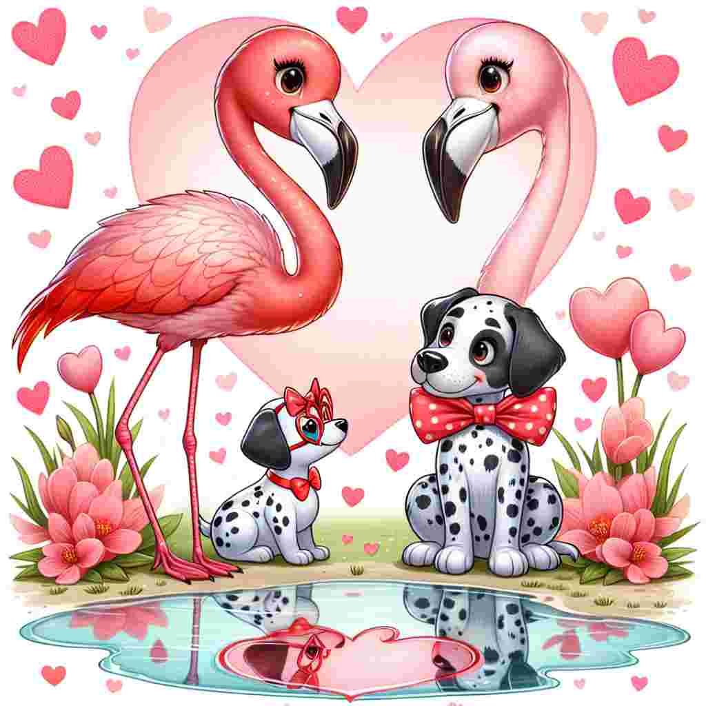 Create a charming image that celebrates Valentine's Day. The main focus should be two adorable flamingos, shown standing in a heart-shaped puddle. The reflection in the water below them should complete the shape of the heart, adding a touch of romance to the picture. There should also be a couple of Dalmatians sitting off to the side of the scene. These dogs are meant to portray the theme of love, and as such should be wearing little red bow-ties and fun glasses shaped like hearts.
Generated with these themes: Flamingos , and Dalmatians .
Made with ❤️ by AI.