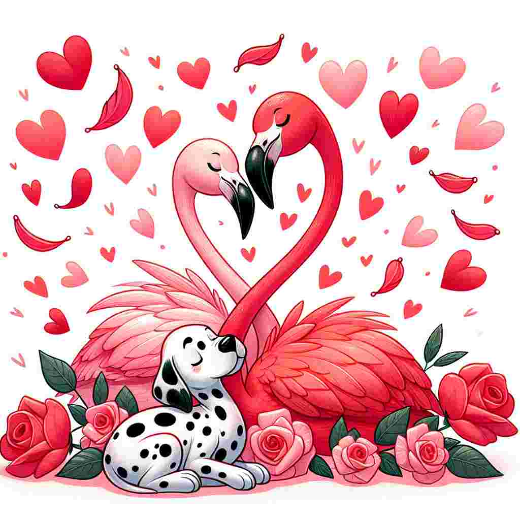 Create a charming Valentine's Day-themed illustration. The scene must contain two flamingos that are positioned in such a way that their necks form a heart shape. The background would be a flutter of heart-shaped rose petals. Also beneath the flamingos, there should be a pair of Dalmatians snuggling together, their spots unintentionally forming tiny hearts, representing unity and love on Valentine's Day.
Generated with these themes: Flamingos , and Dalmatians .
Made with ❤️ by AI.