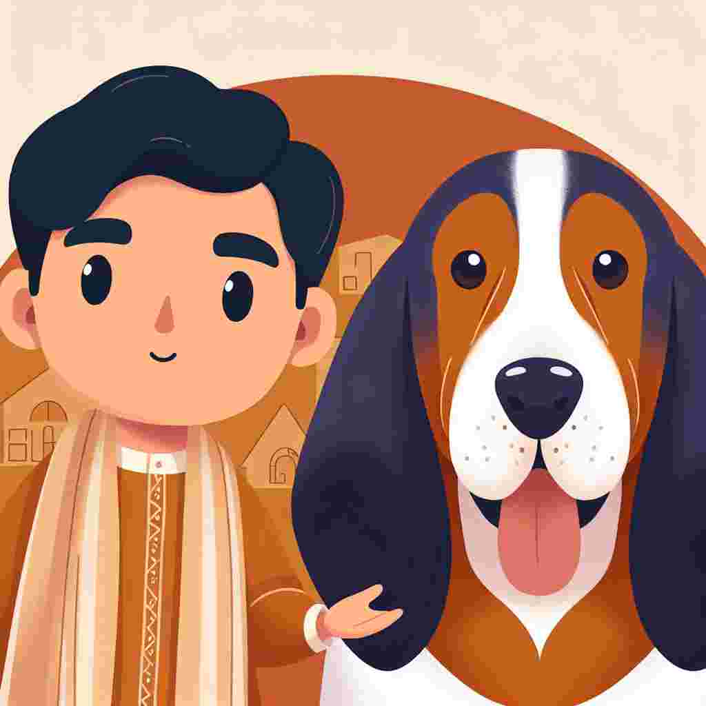 Create a charming cartoon image where a character of unspecified gender and descent is seen sharing a frame with an adult Basset Hound. The Basset Hound has a chubby build and its two-toned tan and white fur is set against its deep hazel eyes, adding a cozy ambiance to the scene. The interaction between the character and the Basset Hound further amplifies the heartwarming essence of the scene.
.
Made with ❤️ by AI.