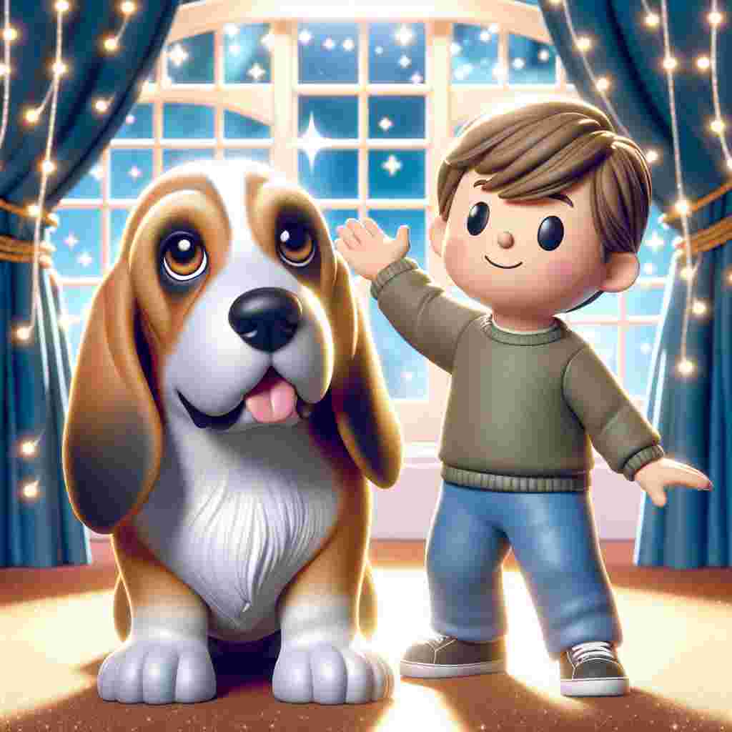 A delightful cartoon scene depicts a person with no specific physical traits interacting with a full-grown Basset Hound dog. The dog's stout body is enrobed in a tan and white coat that glistens under the fairytale lights, accentuating its expressive hazel eyes. The joyous atmosphere can be tangibly felt as the undefined individual engages with the friendly dog.
.
Made with ❤️ by AI.