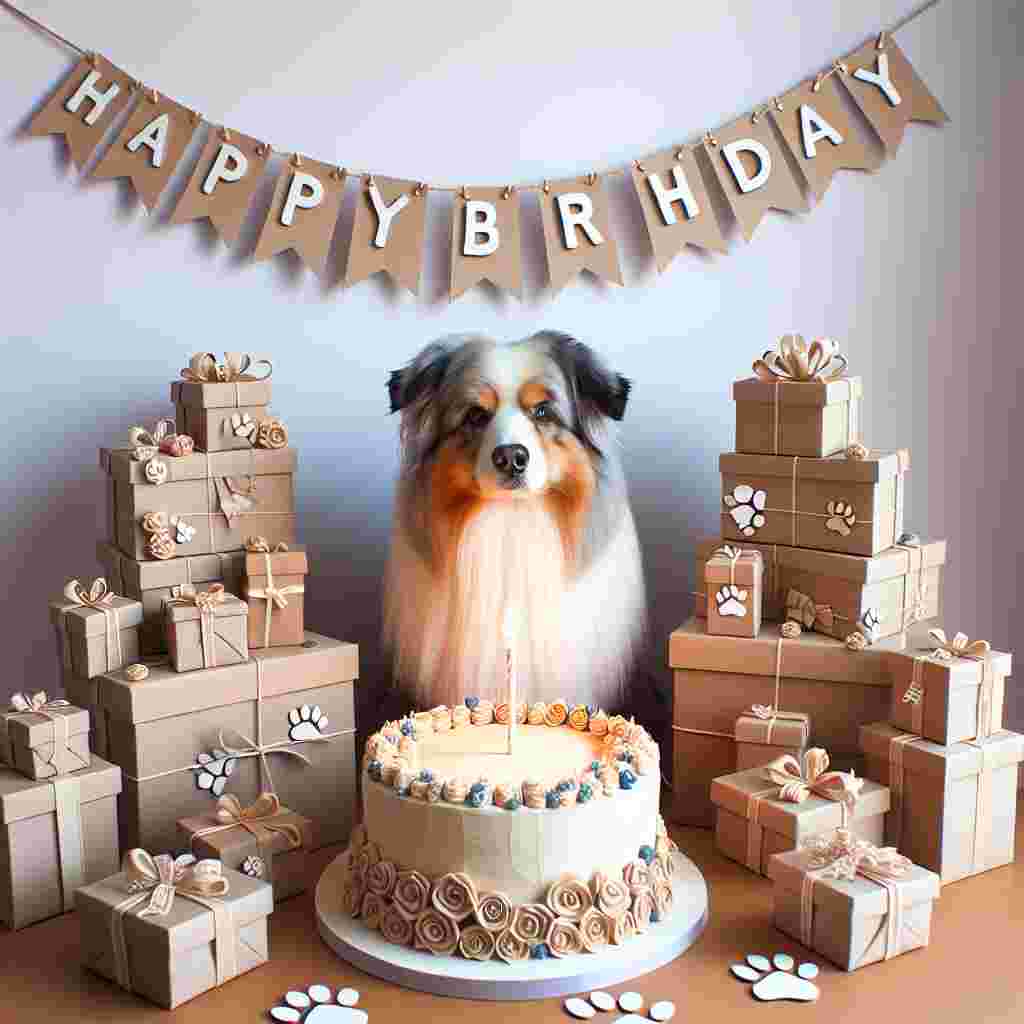 A heartwarming scene with a fluffy Australian Shepherd sitting amidst a pile of gifts, a birthday cake in front with a single candle illuminated. Overhead, 'Happy Birthday' is draped as a banner with paw prints embellishing each end.
Generated with these themes: Australian Shepherd  .
Made with ❤️ by AI.