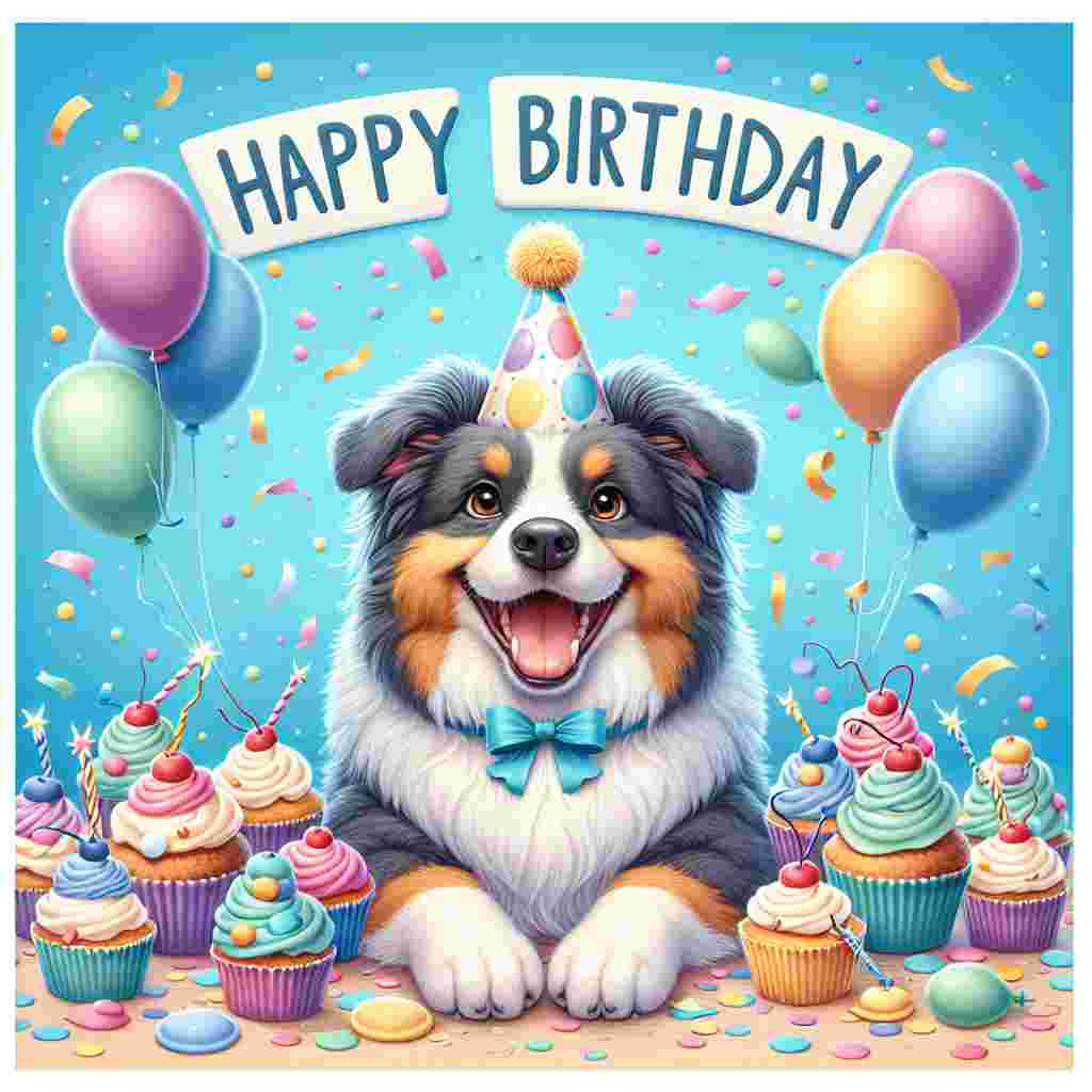 A whimsical birthday card showcases a grinning Australian Shepherd wearing a party hat, balloons tied to its collar, surrounded by cupcakes and confetti. Bold letters above read 'Happy Birthday' against a sky-blue background.
Generated with these themes: Australian Shepherd  .
Made with ❤️ by AI.
