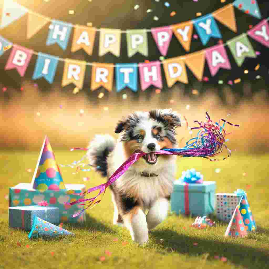 A playful Australian Shepherd puppy bounds across the card, a streamer in its mouth, against a backdrop of a vibrant birthday banner that says 'Happy Birthday'. Party hats and presents are scattered throughout the grassy field illustrated.
Generated with these themes: Australian Shepherd  .
Made with ❤️ by AI.