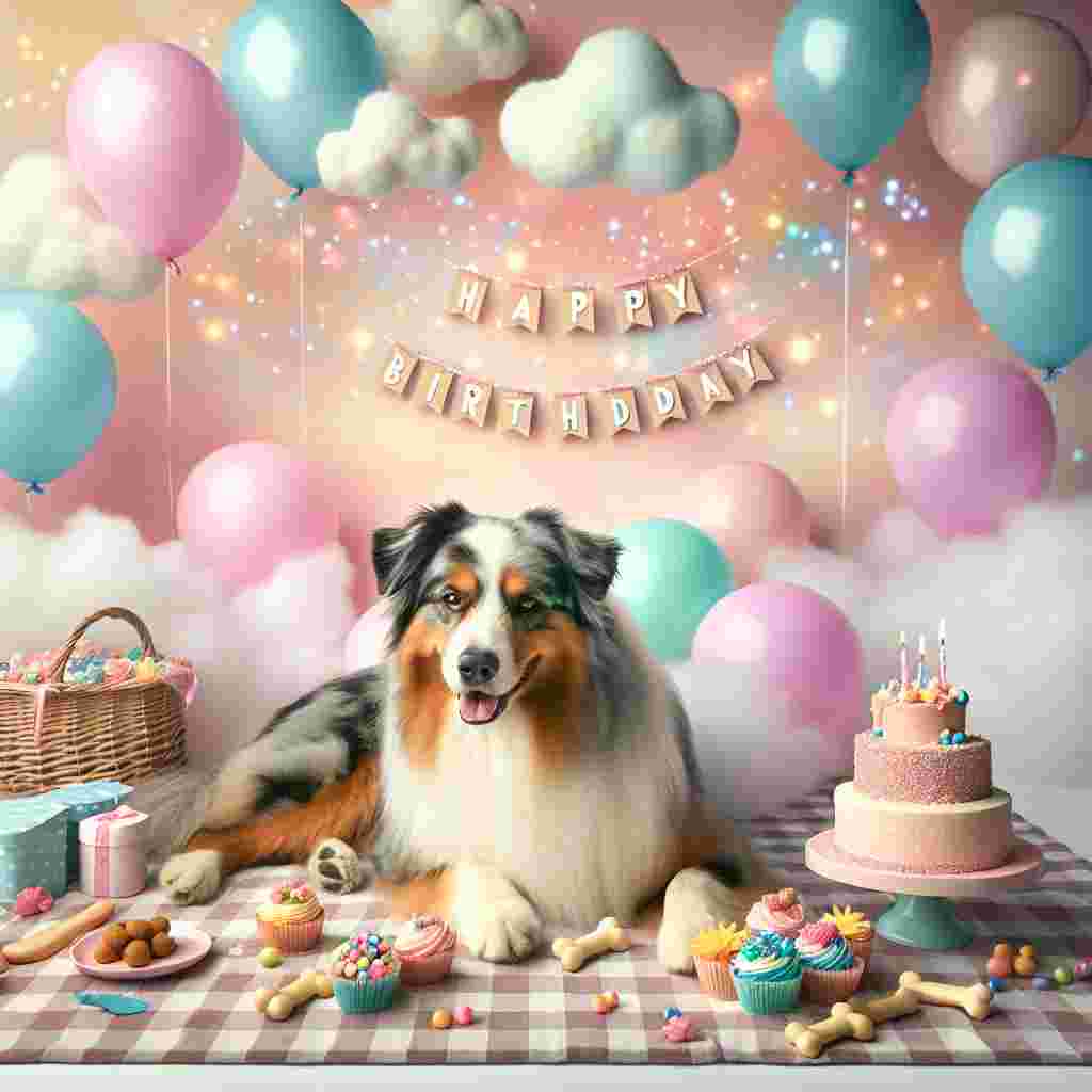 An endearing Australian Shepherd lies dozily on a picnic blanket, surrounded by balloons and a birthday feast, with the words 'Happy Birthday' floating on clouds above, encapsulated within a soft pastel scene.
Generated with these themes: Australian Shepherd  .
Made with ❤️ by AI.