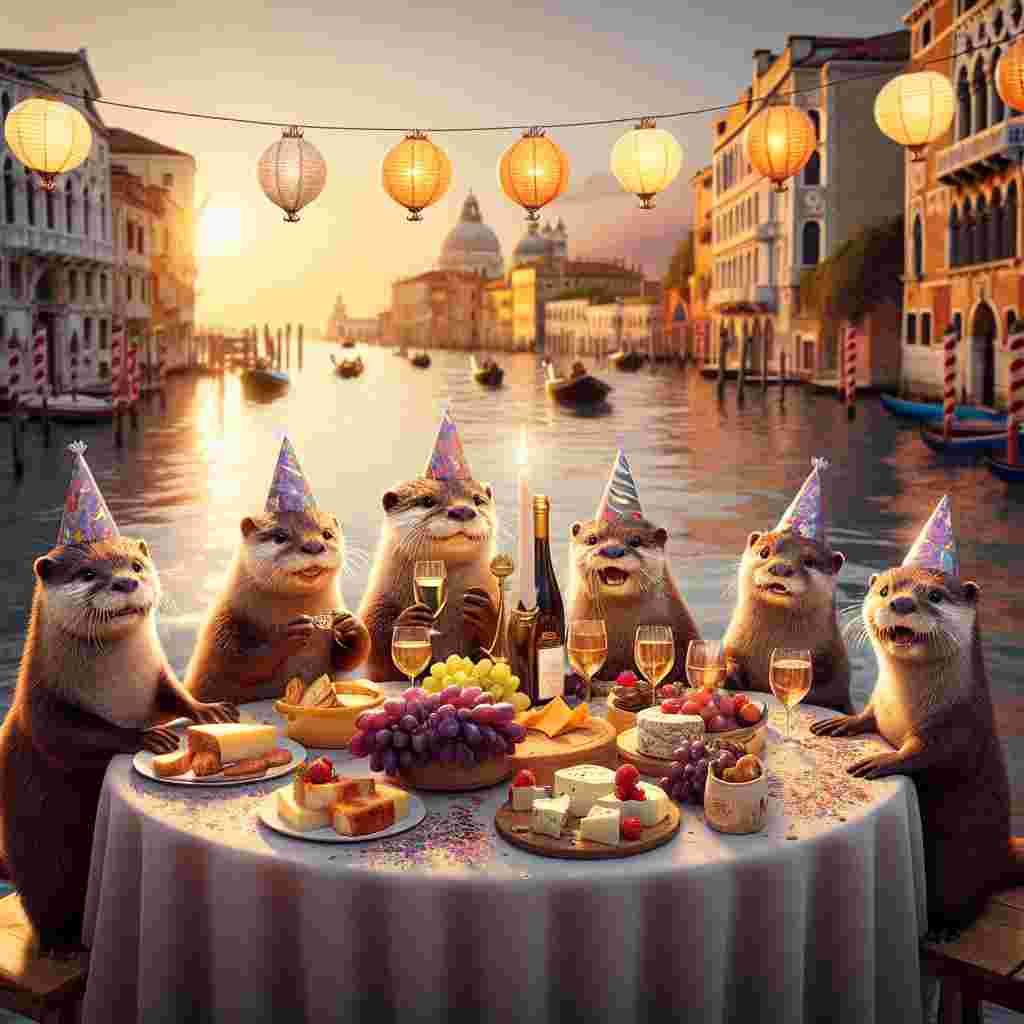 Create an image of an endearing and festive scene set against the backdrop of a Venetian canal at sunset. In this scene, a family of otters don party hats as they enjoy a birthday picnic. The glow of the setting sun reflects off the water, highlighting the beauty of Italy. A table stands amidst them, laid with a tasteful spread of cheeses, grapes, and a bottle of premium Italian wine, ready to fill elegant glasses. The otters, their faces full of joy, stand poised to raise a toast to the birthday celebration, surrounded by radiant lanterns and fluttering confetti.
Generated with these themes: Italy, Otters, and Wine.
Made with ❤️ by AI.
