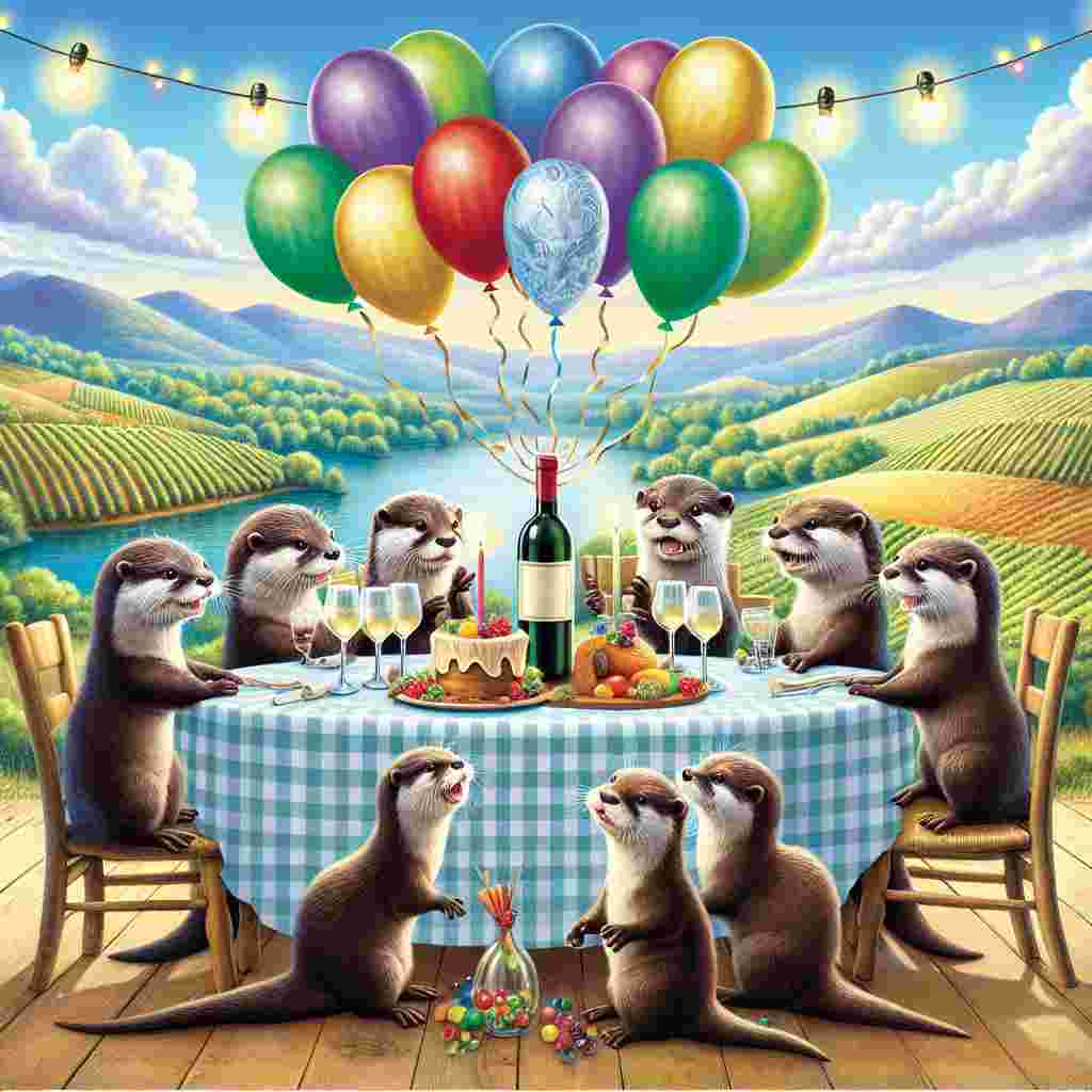 Create a delightful image of a birthday celebration featuring a group of playful otters around a table styled after an Italian countryside rustic design, complete with a checkered tablecloth. The backdrop should show a beautiful landscape of undulating hills populated with vineyards under a crystal-clear blue sky. A central bottle of red wine should be visible, along with crystal glasses set for a cheerful toast. Above the table, there should be strings of multicolored lights and lively balloons swaying gently in the breeze, all contributing to a joyous atmosphere.
Generated with these themes: Italy, Otters, and Wine.
Made with ❤️ by AI.
