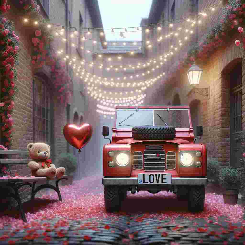 Illustrate a romantic yet urban Valentine's Day ambiance with a bright red off-road vehicle bearing the custom license plate 'LOVE', parked tranquilly in a picturesque cobblestone alleyway adorned with twinkling fairy lights and scattered petals. Adding to this idyllic scene, a fluffy teddy bear can be seen peeking out from the vehicle's back seat, a heart-shaped balloon clutched in its paw, lending a whimsical air to the otherwise realistic backdrop.
Generated with these themes: Landrover defender 90.
Made with ❤️ by AI.