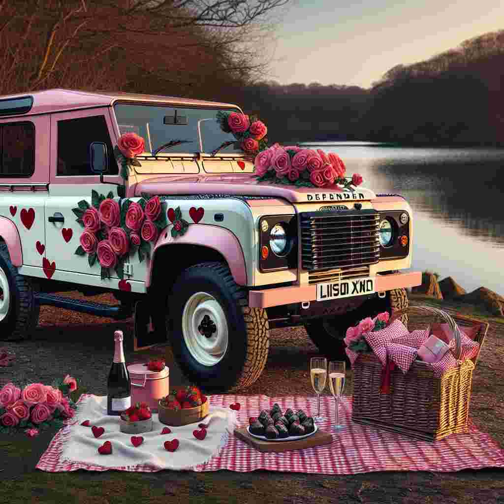 Visualize a pleasing Valentine's Day scene featuring a pink and white Land Rover Defender 90, the vehicle embellished with intricate roses and discrete red hearts on its chassis. The car is stationed near a tranquil lakeside where a picnic spot awaits. The picnic setup includes a red and white checked blanket, a basket brimming with delectable chocolate-covered strawberries and a bottle of sparkling champagne, set to welcome a couple who will relish a romantic sunset.
Generated with these themes: Landrover defender 90.
Made with ❤️ by AI.