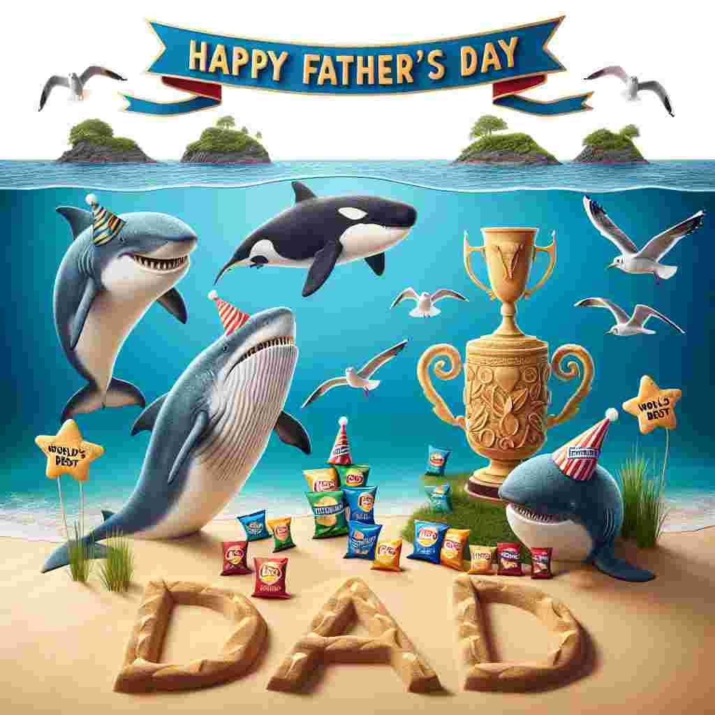 Generate a captivating image with a Father's Day theme. In the ocean, amiable sharks and whales are donning festive hats. Above the ocean waves, seagulls are flying, each carrying banners that proclaim 'Happy Father's Day.' On a nearby shore, arrange a collection of crisp packets cleverly to spell 'DAD.' Alongside it, depict a sand sculpture of a trophy. Attached to the trophy should be a banner that reads 'World's Best,' fluttering gently in the sea breeze.
Generated with these themes: Crisps , Sharks, and Wales.
Made with ❤️ by AI.