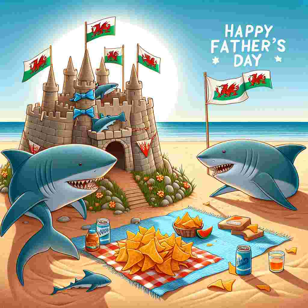 Create an amusing, whimsically themed illustration for Father's Day. The scene is set on a sunny beach where sharks in bow ties circle a large sandcastle decorated with flags representing Wales. Beside the impressive sand castle, there's a picnic blanket spread out on the sandy landscape, with an array of crispy snack chips laid out in a heart shape. This lighthearted image captures playfulness, humor, and love - perfect for celebrating Father's Day.
Generated with these themes: Crisps , Sharks, and Wales.
Made with ❤️ by AI.