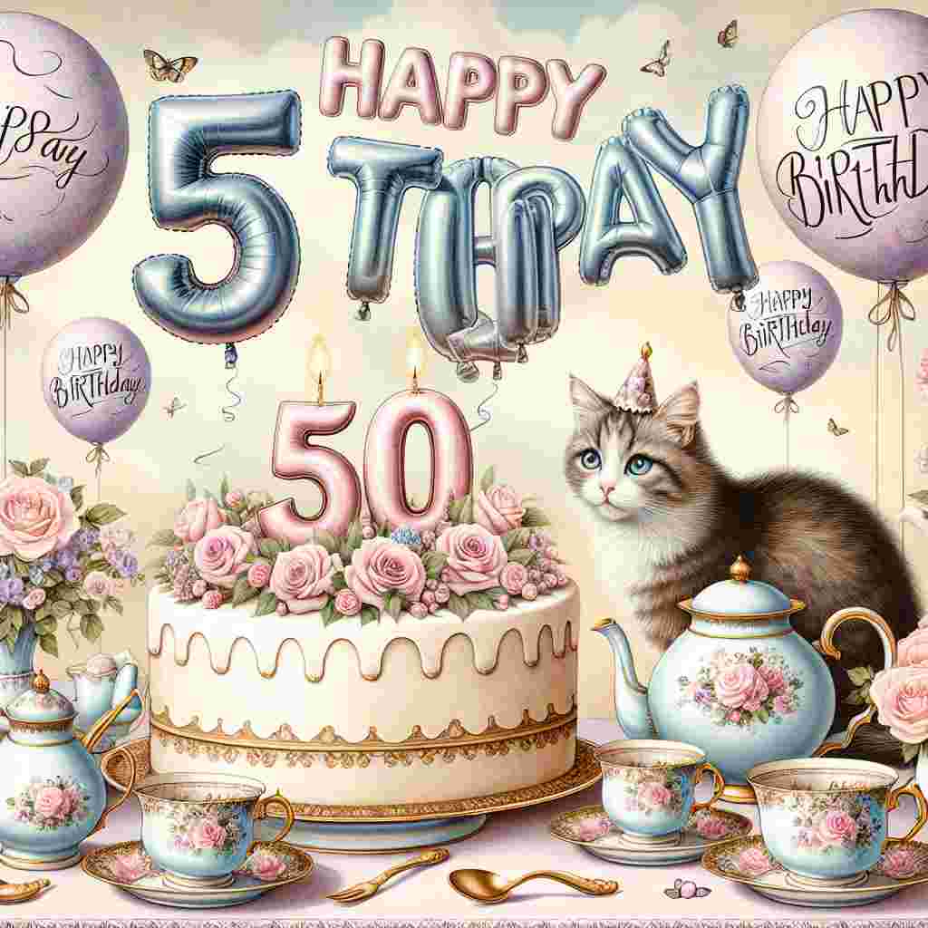 The illustration shows a whimsical tea party with a large 'Happy 50th Birthday' cake taking center stage on a table adorned with vintage teacups and roses. 'Happy Birthday' floats in the air in balloon letters, while a cute cat with a party hat adds a playful touch to the scene.
Generated with these themes: 50th   for her.
Made with ❤️ by AI.