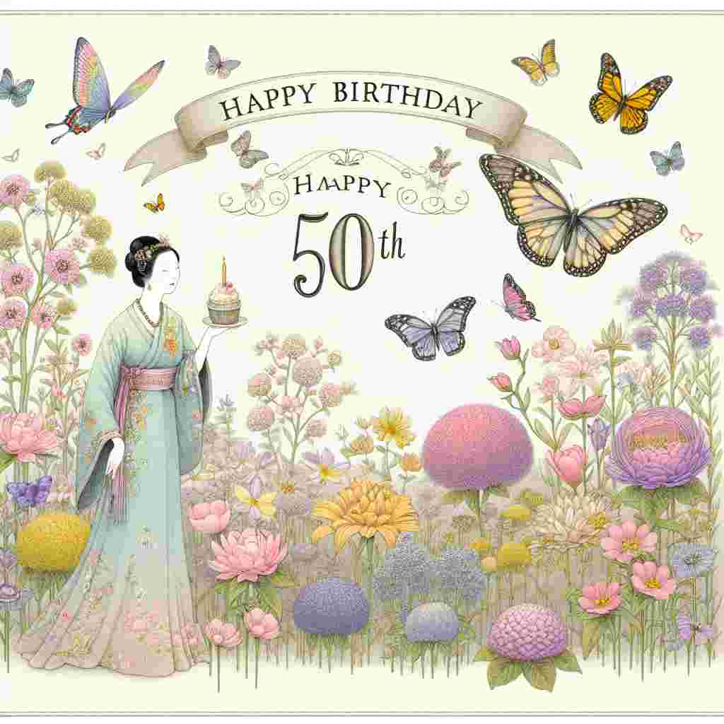 A charming illustration depicts a quaint garden scene with a central banner that reads 'Happy 50th Birthday' surrounded by blushing flowers and fluttering butterflies, all in pastel shades. A stylish, illustrated woman is seen holding a cupcake with a candle, with 'Happy Birthday' written in elegant script in the sky above.
Generated with these themes: 50th   for her.
Made with ❤️ by AI.