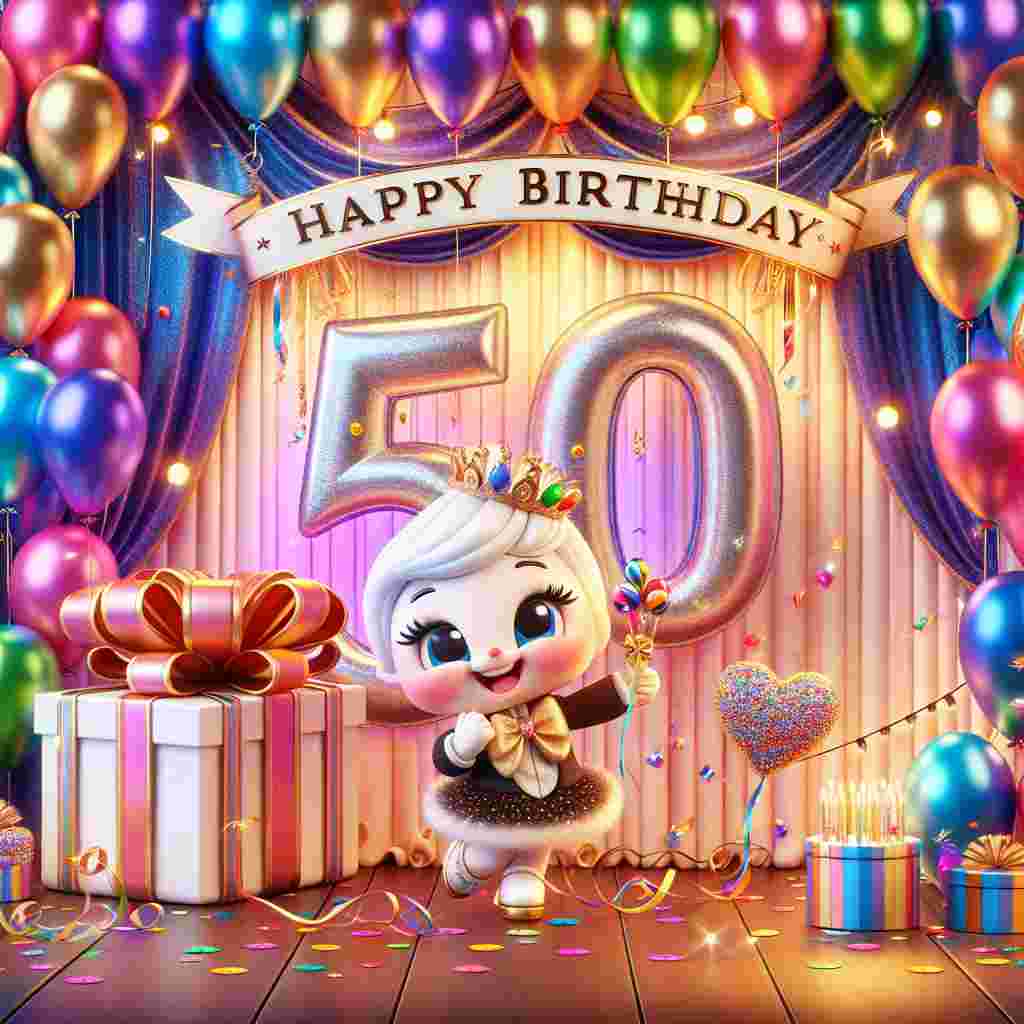This delightful scene features a backdrop of colorful balloons marked with '5-0', and a cheerful character holding a gift in one hand and a 'Happy Birthday' sign in the other. The foreground presents a festive banner draped with the number '50', complete with confetti and streamers for a celebratory ambiance.
Generated with these themes: 50th   for her.
Made with ❤️ by AI.