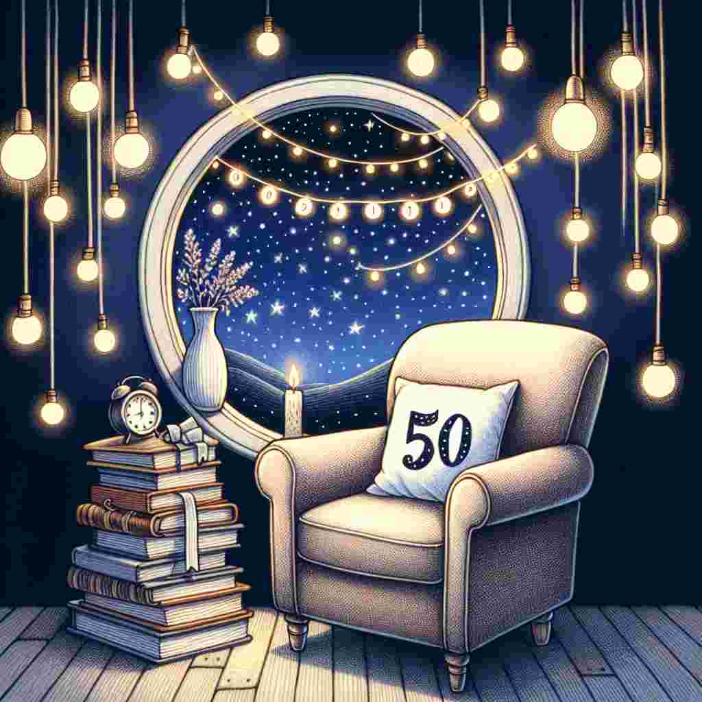 An endearing illustration showcases a book nook with a cozy armchair, a stack of books, and a round window showing a starry night. A throw pillow with '50' sits on the chair, and 'Happy Birthday' is warmly lit by fairy lights strung above, creating a serene yet celebratory environment for her special milestone.
Generated with these themes: 50th   for her.
Made with ❤️ by AI.