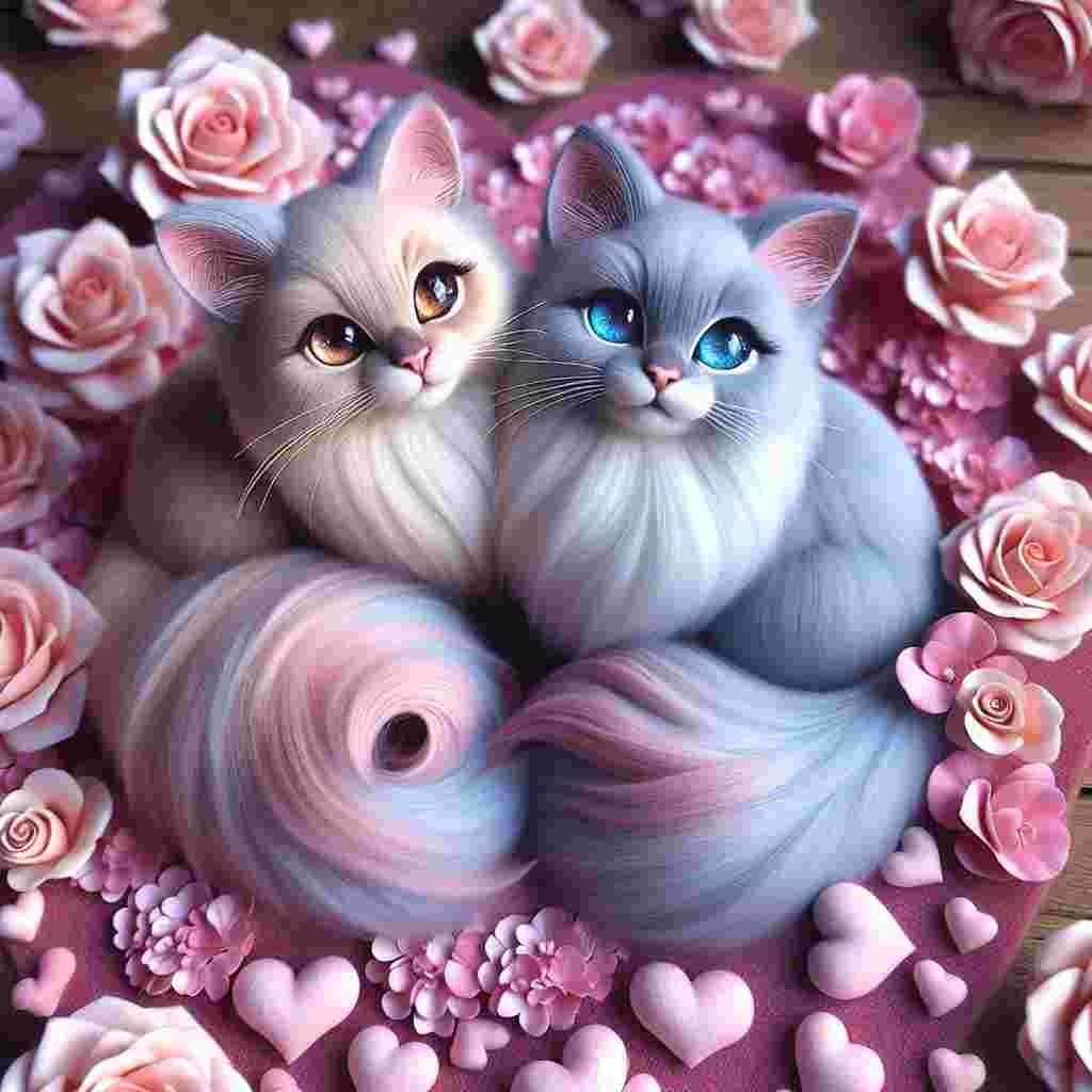 Craft an enchanting image depicting a pair of plush and fluffy Burmese kittens with a hue of celestial blue, nestled in a sea of delicate pink hearts. Their tails elegantly twist together, carving out a perfect shape of a heart meanwhile their blazing amber eyes beam with warmth and mutual affection. A soft blush graces their cheeks, lending an innocent charm to their faces. The surrounding space is adorned with abundant delicate roses, completing the picture-perfect Valentine's Day tableau.
Generated with these themes: Burmese Blue.
Made with ❤️ by AI.