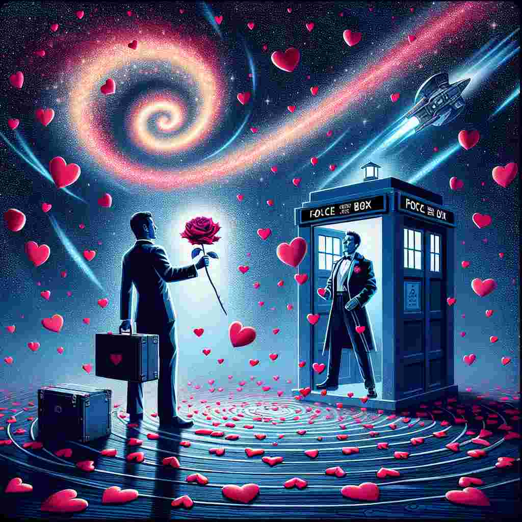 A captivating Valentine's Day scene unfolds with a classic blue time-traveling box amidst a rain of red and pink hearts, signifying love traversing epochs and galaxies. A brave time-traveling gentleman stands daringly outside the mysterious blue crate, tendering a crimson bloom to a charismatic leader from an extraterrestrial crime-fighting organization. Their figures are silhouetted against a whirling star system backdrop, highlighting the merger of the time-travel adventure and the extraterrestrial crime-fighting dimension in a celestial tango of love.
Generated with these themes: Doctor who, and Torchwood.
Made with ❤️ by AI.