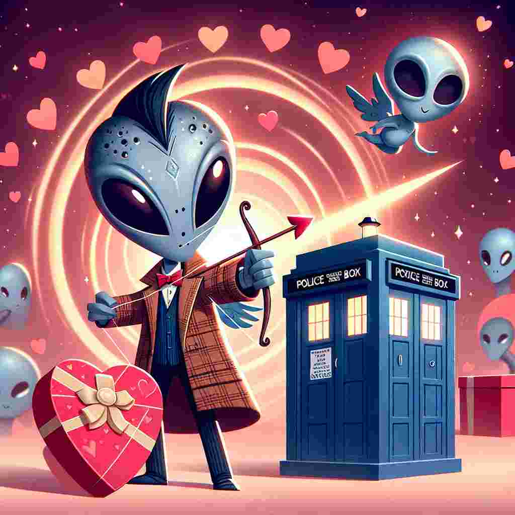 In this delightful Valentine's Day scenery, a device resembling a futuristic tool acts as a cupid's arrow, playfully hinting at a heart-shaped symbol with alien-like characters. A character with a distinct coat and a cheeky smile, holds a box of chocolates shaped like a blue, old-style British police box. The background is filled with floating hearts and the warm glow of a spiraling time vortex that envelopes these characters, blending the elements of two popular science-fiction series in a festive tribute to love.
Generated with these themes: Doctor who, and Torchwood.
Made with ❤️ by AI.